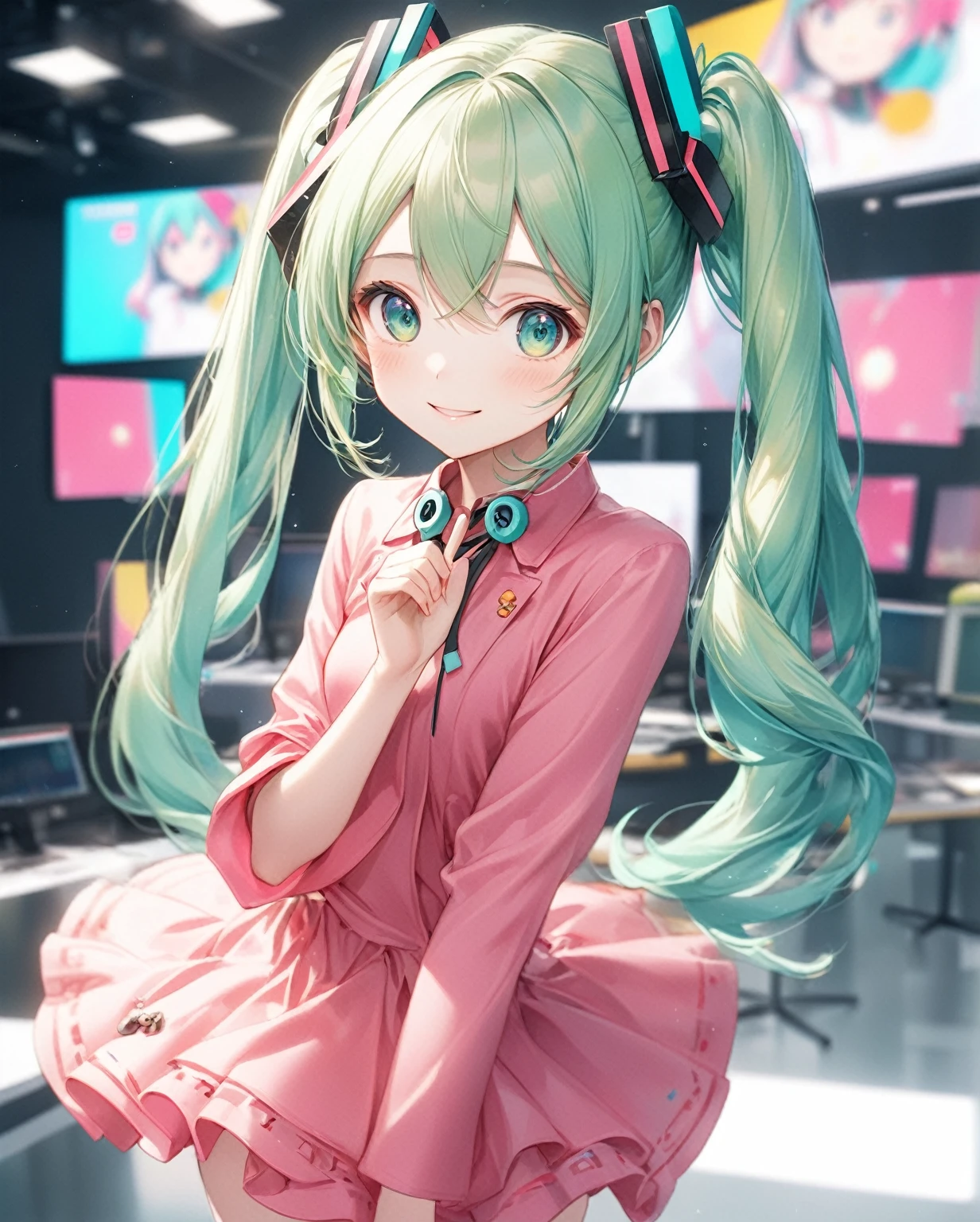 (Highest quality,8k,32K,masterpiece,Ultra-high resolution :1.2 ),born,One girl,Super cute,Natural light,Clear, shining eyes,20-year-old,Fair skin,News studio style digital world fantasy background,Green Hair,Pink costume like Hatsune Miku,An innocent smile