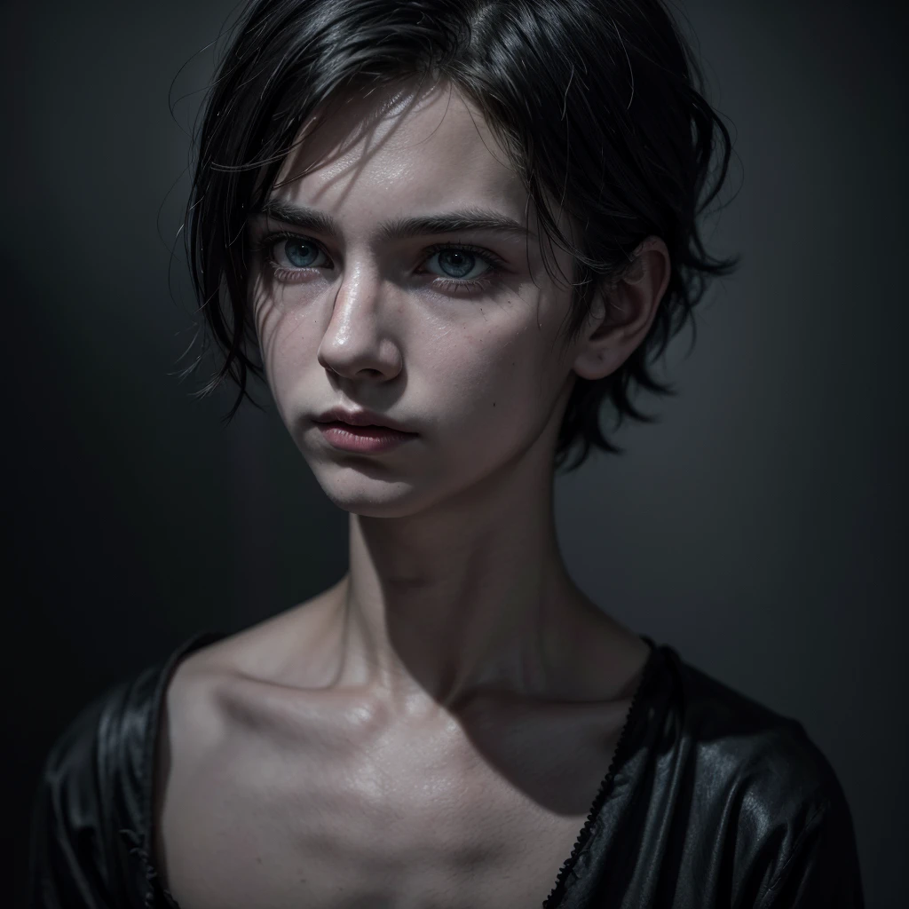 a boy in a dark and whimsical world,surreal portrait,gothic style,1boy,(best quality,4k,8k,highres,masterpiece:1.2),ultra-detailed,(realistic,photorealistic,photo-realistic:1.37),dark moody lighting,dramatic shadows,pale skin,ruffled hair,intense eyes,melancholic expression,Tim Burton inspired,macabre,eerie,moody atmosphere,muted colors,deep shadows,unsettling,haunting
