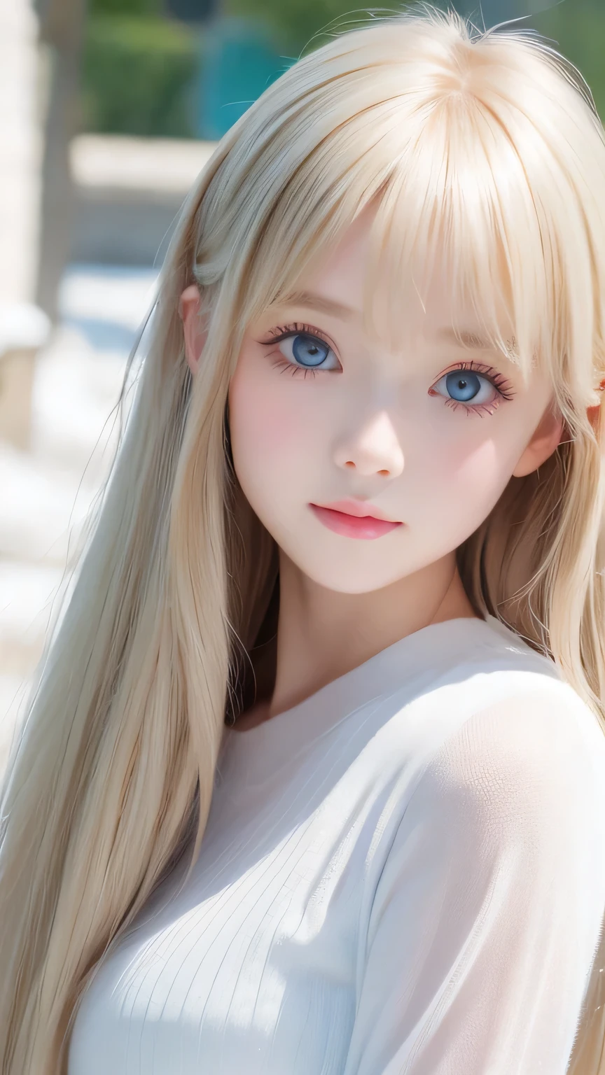 Very beautiful face、Long bangs flowing in front of the face、Beautiful pale light blue eyes hidden by her bangs、Very cute beautiful face and very radiant skin、Bangs between the eyes、snow-white beautiful skin、very beautiful pale light blue eyes,、Beautiful very long straight silky pale golden shiny natural platinum blonde hair、Cute 14 year old blonde beauty、Round face、Such a cute little face、Bright expression、Big eyes and well-defined double eyelids、eyeliner、