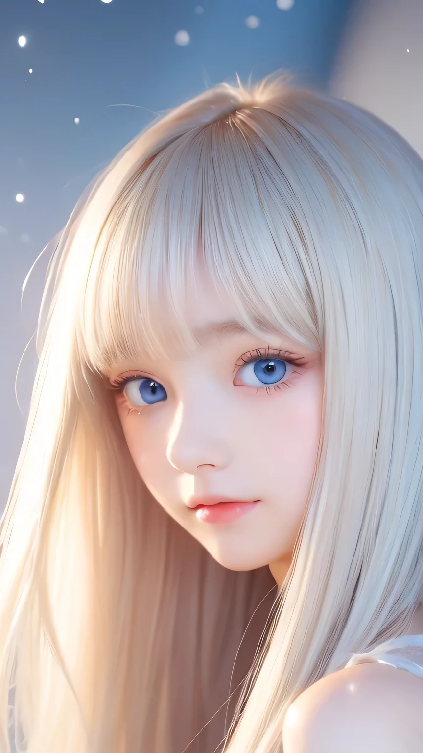 Very beautiful face、Long bangs flowing in front of the face、Beautiful pale light blue eyes hidden by her bangs、Very cute beautiful face and very radiant skin、Bangs between the eyes、snow-white beautiful skin、very beautiful pale light blue eyes,、Beautiful very long straight silky pale golden shiny natural platinum blonde hair、Cute 14 year old blonde beauty、Round face、Such a cute little face、Bright expression、Big eyes and well-defined double eyelids、eyeliner、