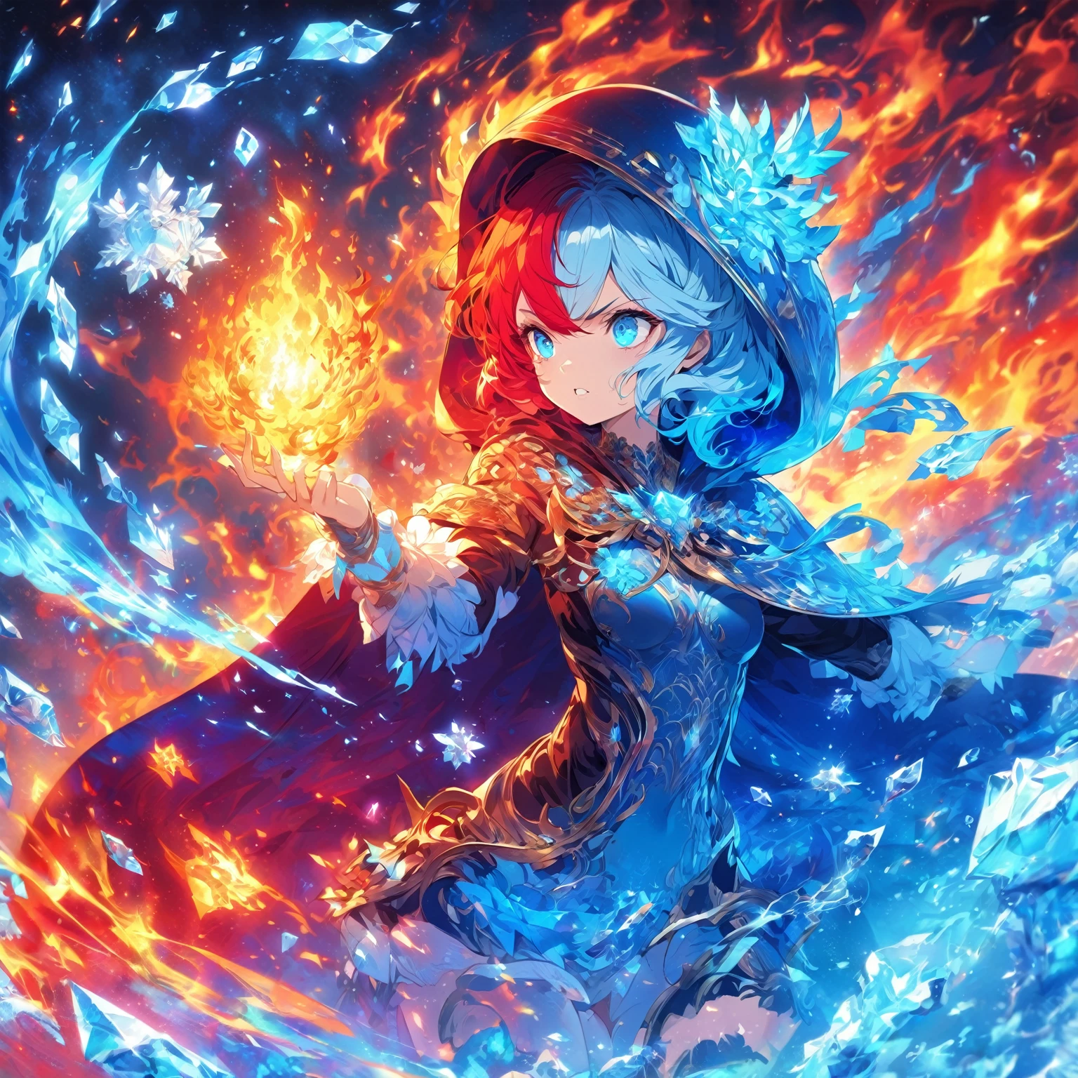 A lady with blue and red hair, wearing a dark hooded cloak with intricate golden patterns, holding a burning fire in her hand, medium breasts, thick, form-fitting bodysuit, (nude:0.9), NSFW, surrounded by swirling flames and ice crystals, dressed in a detailed outfit with blue and white accents, displaying a determined expression, standing against a dark background illuminated by the fiery and icy elements , detailed gorgeous face| anime style| key visual| intricate detail| highly detailed| breathtaking| vibrant| panoramic| cinematic| Carne Griffiths| Conrad Roset| gibbli 8k