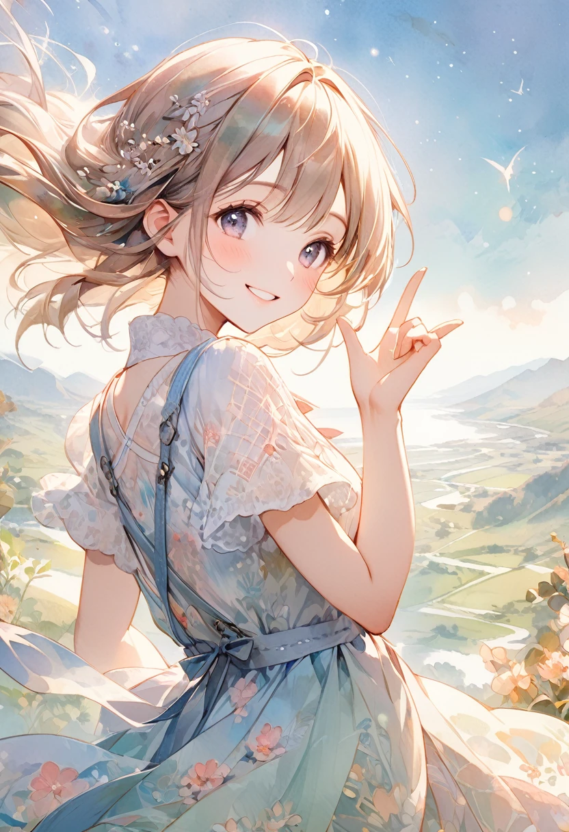 artwork of a young girl with a beautifully radiant smile, posing with her left hand up towards the sky as if reaching for her dreams. Her face should convey a sense of wonder and optimism, with delicate features and intricate details. The background should be a soft, (((dreamy watercolor-style landscape))), (((reminiscent of a famous watercolor artist's masterpiece))). The overall aesthetic should be ultra-detailed, with textured fabrics, subtle shading, and intricate patterns, (((correct fingers anatomy)))