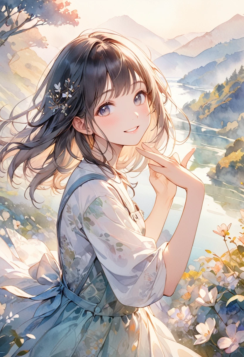 artwork of a young girl with a beautifully radiant smile, posing with her left hand up towards the sky as if reaching for her dreams. Her face should convey a sense of wonder and optimism, with delicate features and intricate details. The background should be a soft, (((dreamy watercolor-style landscape))), (((reminiscent of a famous watercolor artist's masterpiece))). The overall aesthetic should be ultra-detailed, with textured fabrics, subtle shading, and intricate patterns, (((correct fingers anatomy)))