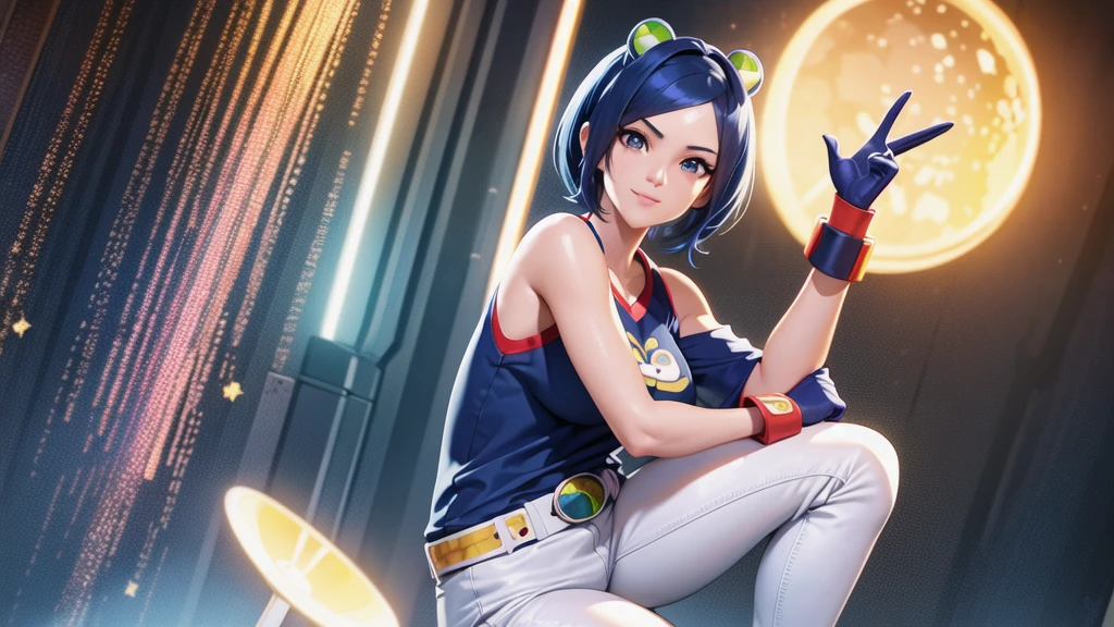 (at night), in a video game scene, a background of a beautiful city during the day raining, standing at attention, semi-short blue hair, blouse with an anime frog face, white flared pants, wearing blue fingerless exercise gloves, has round goggles on her head, huge belt with a round eyeglass, ((blue hair)), 1 girl, alone, 20 years old, young woman, perfect hands, beautiful fingers, beautiful long legs, beautiful body, beautiful nose, beautiful design of characters, perfect face, looking at the viewer with serious gesture (focusing on his face), closed mouth, Light_Smile, official art, extremely detailed CG unity 8k wallpaper, perfect lighting, bright and colorful front lighting, glowing skin (masterpiece : 1.0), (best_quality: 1.0), ultra high resolution, 4K, ultra detailed photography, 8K, HDR, high resolution, nonsense:1.2, Kodak portra 400, film grain, background blur, bokeh:1.2, lens flare, (vibrant_color:1.2), professional photography, (beautiful_face: 1.5), (narrow waist),
