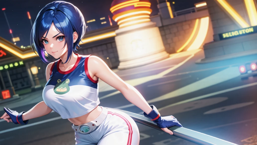 (at night), in a video game scene, a background of a beautiful city during the day raining, standing at attention, semi-short blue hair, blouse with an anime frog face, white flared pants, wearing blue fingerless exercise gloves, has round goggles on her head, huge belt with a round eyeglass, ((blue hair)), 1 girl, alone, 20 years old, young woman, perfect hands, beautiful fingers, beautiful long legs, beautiful body, beautiful nose, beautiful design of characters, perfect face, looking at the viewer with serious gesture (focusing on his face), closed mouth, Light_Smile, official art, extremely detailed CG unity 8k wallpaper, perfect lighting, bright and colorful front lighting, glowing skin (masterpiece : 1.0), (best_quality: 1.0), ultra high resolution, 4K, ultra detailed photography, 8K, HDR, high resolution, nonsense:1.2, Kodak portra 400, film grain, background blur, bokeh:1.2, lens flare, (vibrant_color:1.2), professional photography, (beautiful_face: 1.5), (narrow waist),