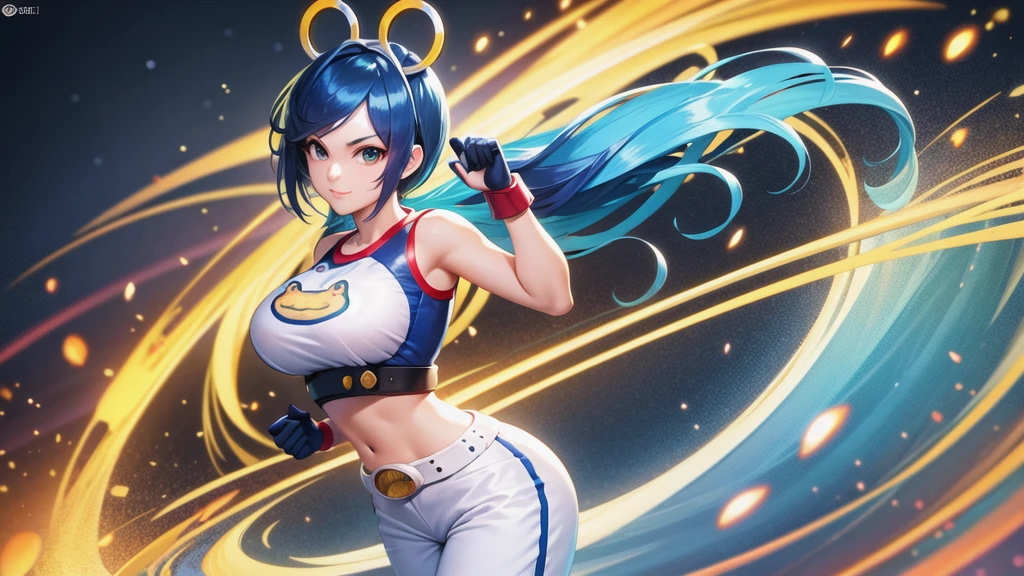 (at night), in a video game scene, a background of a beautiful city during the day raining, standing at attention, semi-short blue hair, blouse with an anime frog face, white flared pants, wearing blue fingerless exercise gloves, has round goggles on her head, huge belt with a round eyeglass, ((blue hair)), 1 girl, alone, 20 years old, young woman, perfect hands, beautiful fingers, beautiful long legs, beautiful body, beautiful nose, beautiful design of characters, perfect face, looking at the viewer with serious gesture (focusing on his face), closed mouth, Light_Smile, official art, extremely detailed CG unity 8k wallpaper, perfect lighting, bright and colorful front lighting, glowing skin (masterpiece : 1.0), (best_quality: 1.0), ultra high resolution, 4K, ultra detailed photography, 8K, HDR, high resolution, nonsense:1.2, Kodak portra 400, film grain, background blur, bokeh:1.2, lens flare, (vibrant_color:1.2), professional photography, (beautiful_face: 1.5), (narrow waist),