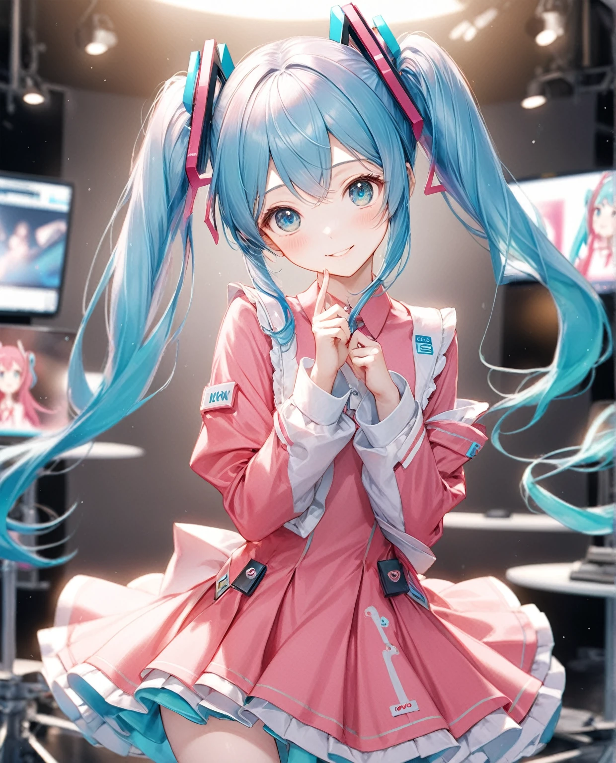 (Highest quality,8k,32K,masterpiece,Ultra-high resolution :1.2 ),born,One girl,Super cute,Natural light,Clear, shining eyes,20-year-old,Fair skin,News studio style digital world fantasy background,Blue Hair,Pink costume like Hatsune Miku,An innocent smile