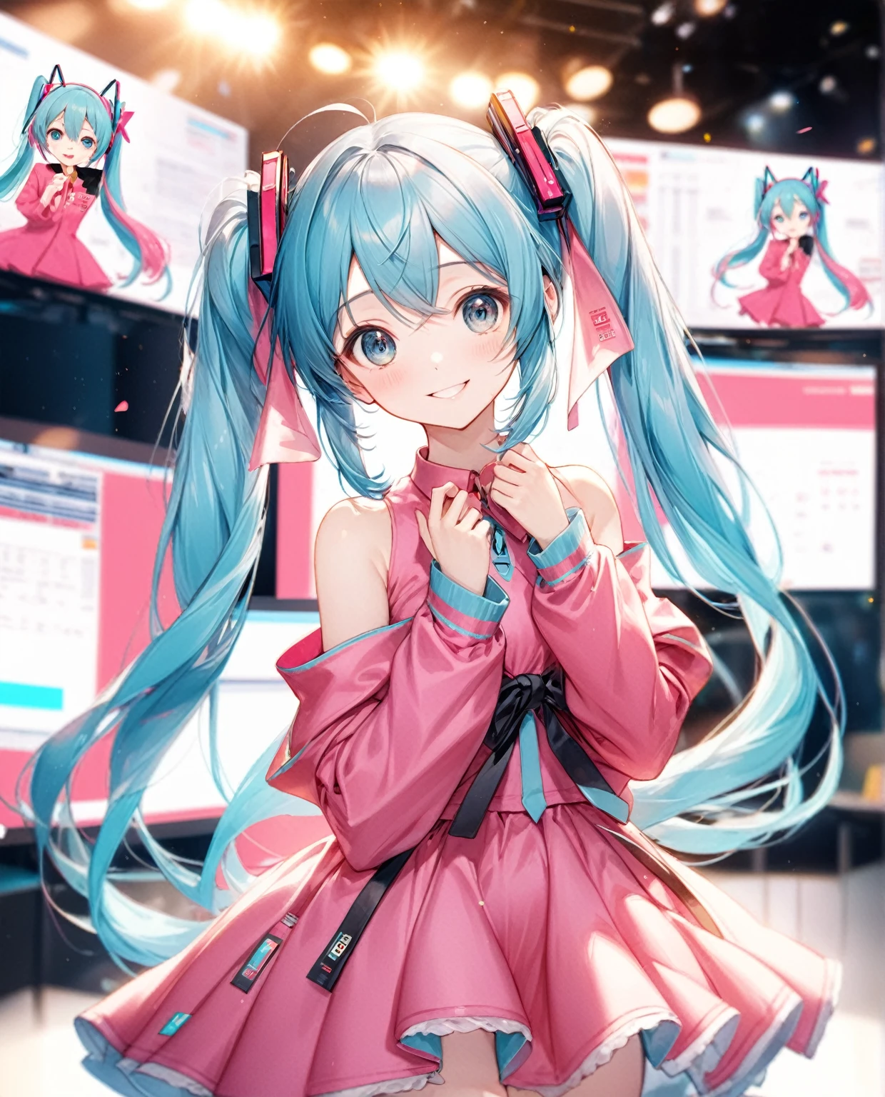 (Highest quality,8k,32K,masterpiece,Ultra-high resolution :1.2 ),born,One girl,Super cute,Natural light,Clear, shining eyes,20-year-old,Fair skin,News studio style digital world fantasy background,Blue Hair,Pink costume like Hatsune Miku,An innocent smile