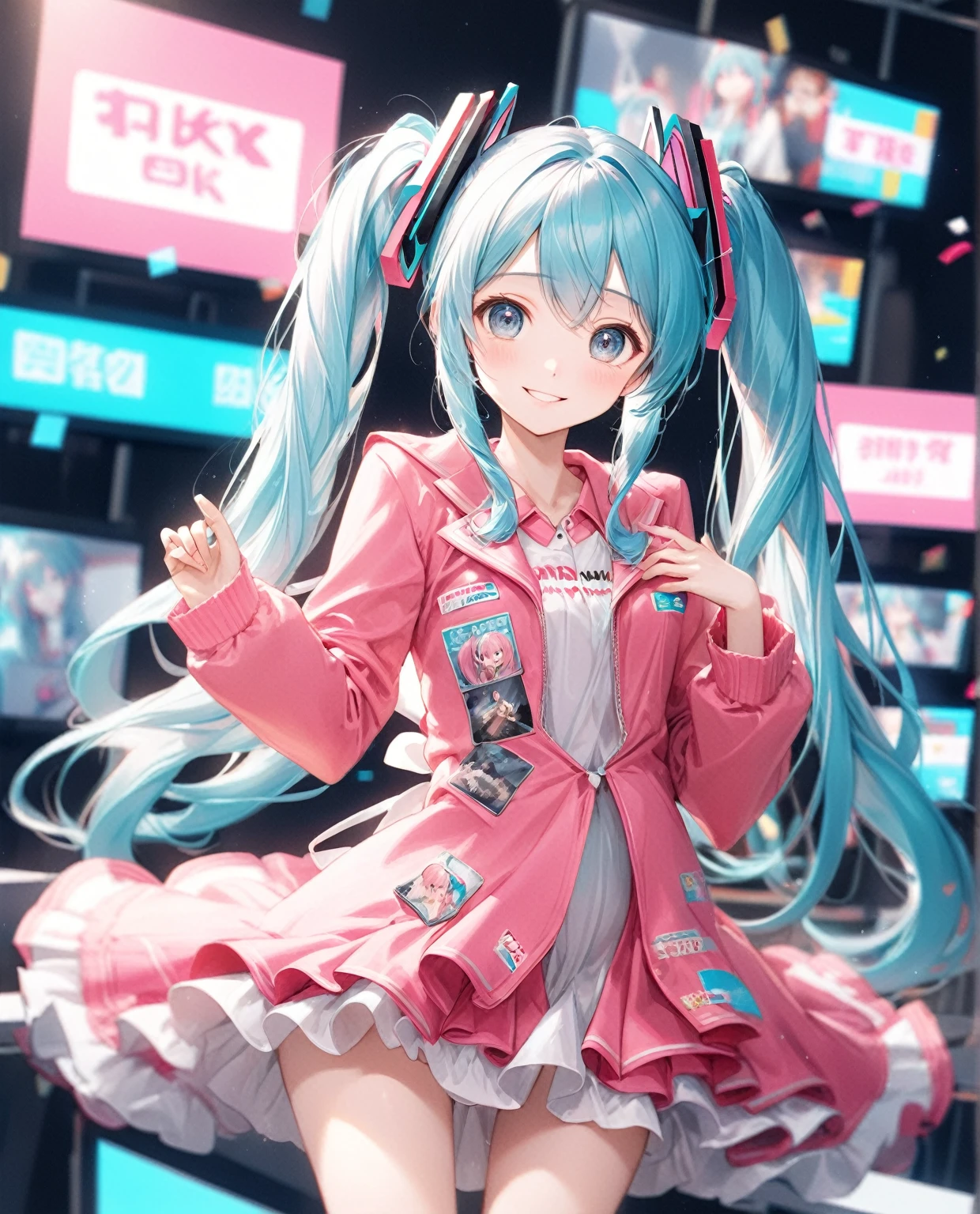 (Highest quality,8k,32K,masterpiece,Ultra-high resolution :1.2 ),born,One girl,Super cute,Natural light,Clear, shining eyes,20-year-old,Fair skin,News studio style digital world fantasy background,Blue Hair,Pink costume like Hatsune Miku,An innocent smile