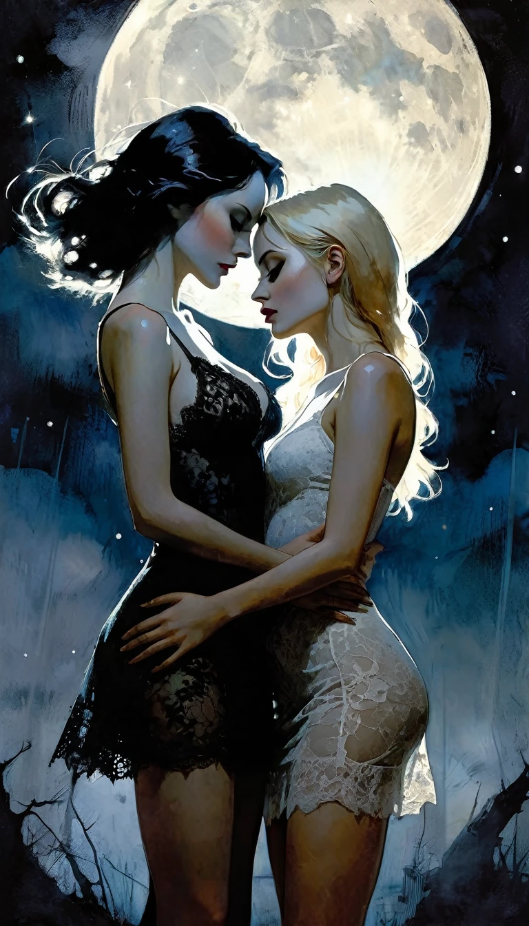 two girls, lesbianism, magic, โจ๐ค๐๐ค๐๐๐๐โจ๐ฉโ๐ฉโ๐ฆโ๐ฆsex sex sex โจโจ โ ๐๐โค eroticism, sexy lace dress,fantastic, night sky, moon, stars, background, , eroticism, sexy, black and white image, between shadows, oil painting, chiaroscuro, sensual, dramatic lighting, moody atmosphere, photorealistic, intricate details, masterpiece, ultra-detailed, high quality, 8k, best quality, realistic, cinematic, dark and brooding, expressionistic, powerful composition, emotional impact, Bill Sienkiewicz inspired art