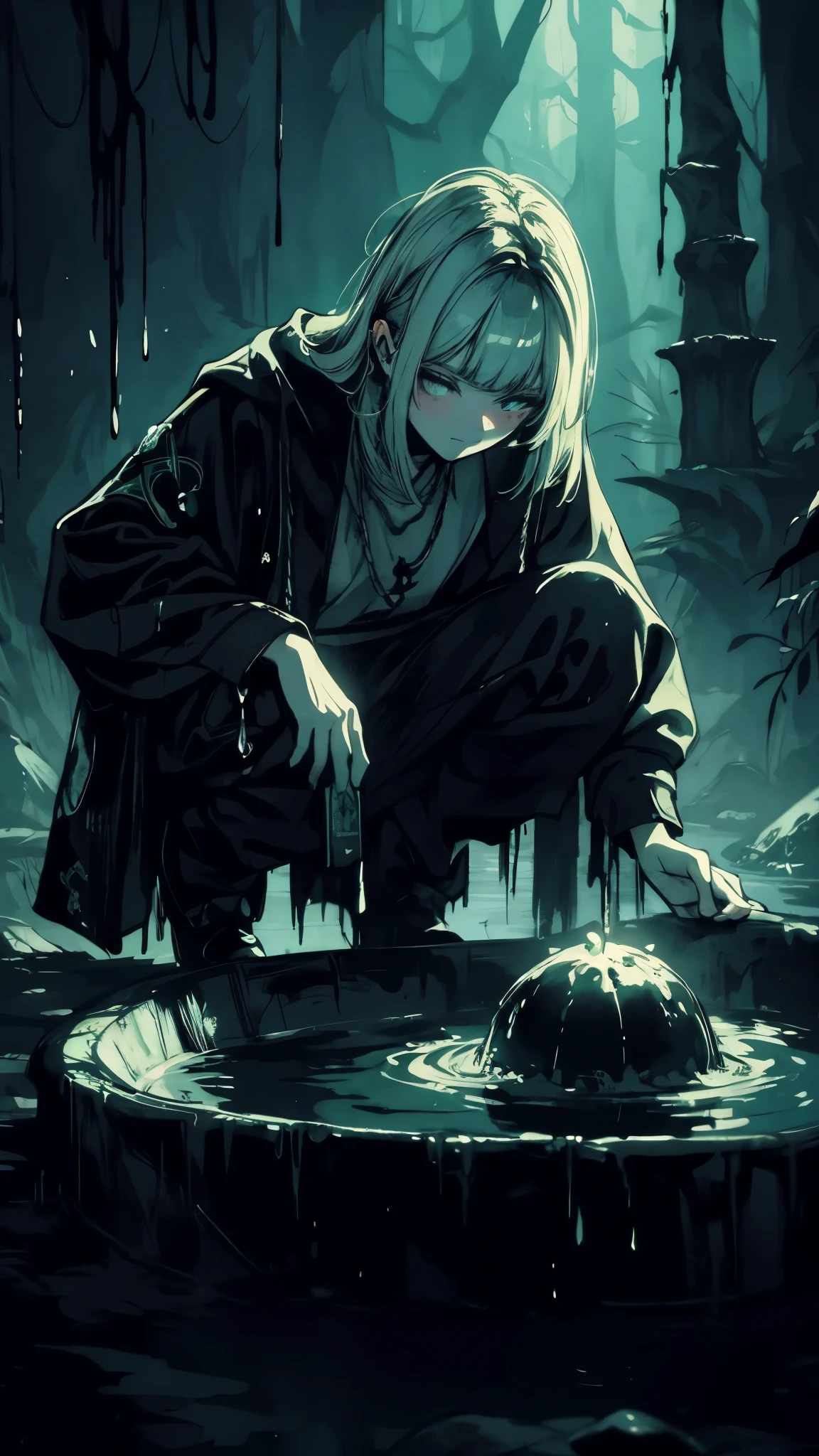 (high quality), (masterpiece), (detailed), 8K, In shadowy forest clearing, character kneels beside (stone basin filled with murky water1.3), eyes locked on (mysterious, glowing lump1.3) at bottom. Air thick with suspense and eerie silence, amplifying sense of (impending discovery1.3). fantasy world, dark background, clean design, epic, artstation, colorful paint splatter, silhouette, hyper detailed intricate details, unreal engine, fantasy, splash screen, complementary colors, deviantart masterpiece, oil painting, heavy strokes, paint dripping, indifferent expression