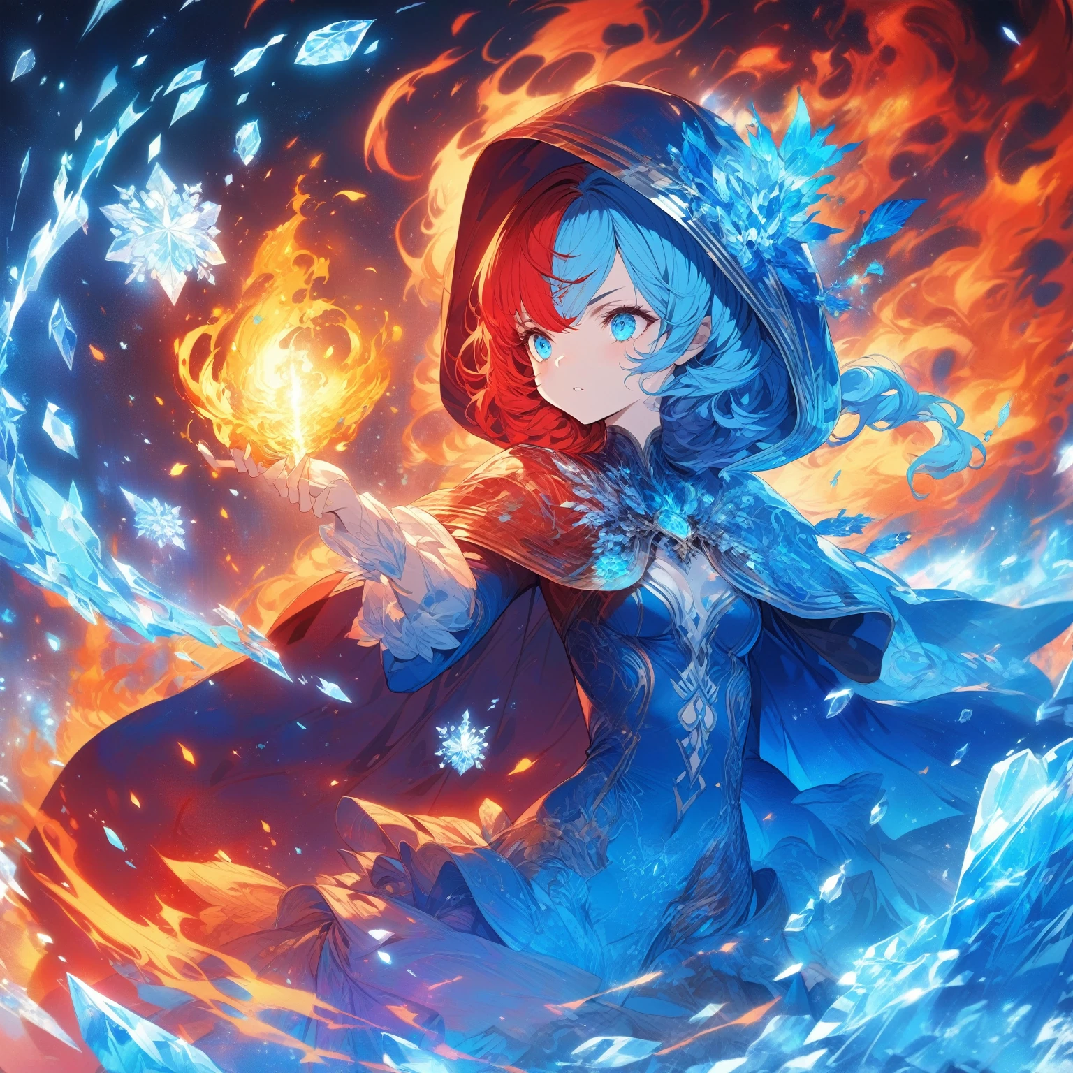 A lady with blue and red hair, wearing a dark hooded cloak with intricate golden patterns, holding a burning fire in her hand, medium breasts, thick, form-fitting bodysuit, (nude:0.9), NSFW, surrounded by swirling flames and ice crystals, dressed in a detailed outfit with blue and white accents, displaying a determined expression, standing against a dark background illuminated by the fiery and icy elements , detailed gorgeous face| anime style| key visual| intricate detail| highly detailed| breathtaking| vibrant| panoramic| cinematic| Carne Griffiths| Conrad Roset| gibbli 8k