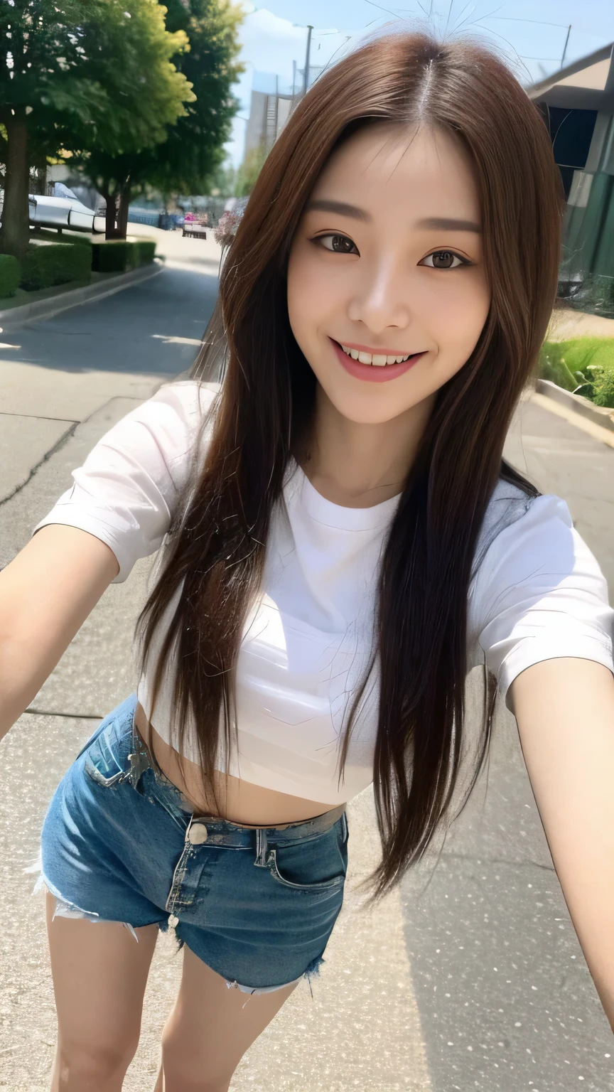 seed:2020674263.((Full body angle:1.1)).((Highest quality, 8k, masterpiece:1.3)), ((from below:1.1)).concentrated:1.2, Perfect body beauty:1.4, ????:1.2, ((Delicate Hair)), (Vibrant color block short sleeve crop top for women,Shorts :1.1) , ((Highest quality、8k、masterpiece:1.3))、1 Girl、A sloppy smile、Esbian all over body、Slim face、Big 、Beautiful woman、(Dark Brown Hair)、Long Hair、1.1、Flickering Valley、Detailed eyes、double eyelid、Blurred Background、超Slim face、Smile、Looking down、stroll.extreme extreme close-up.cowboy shot