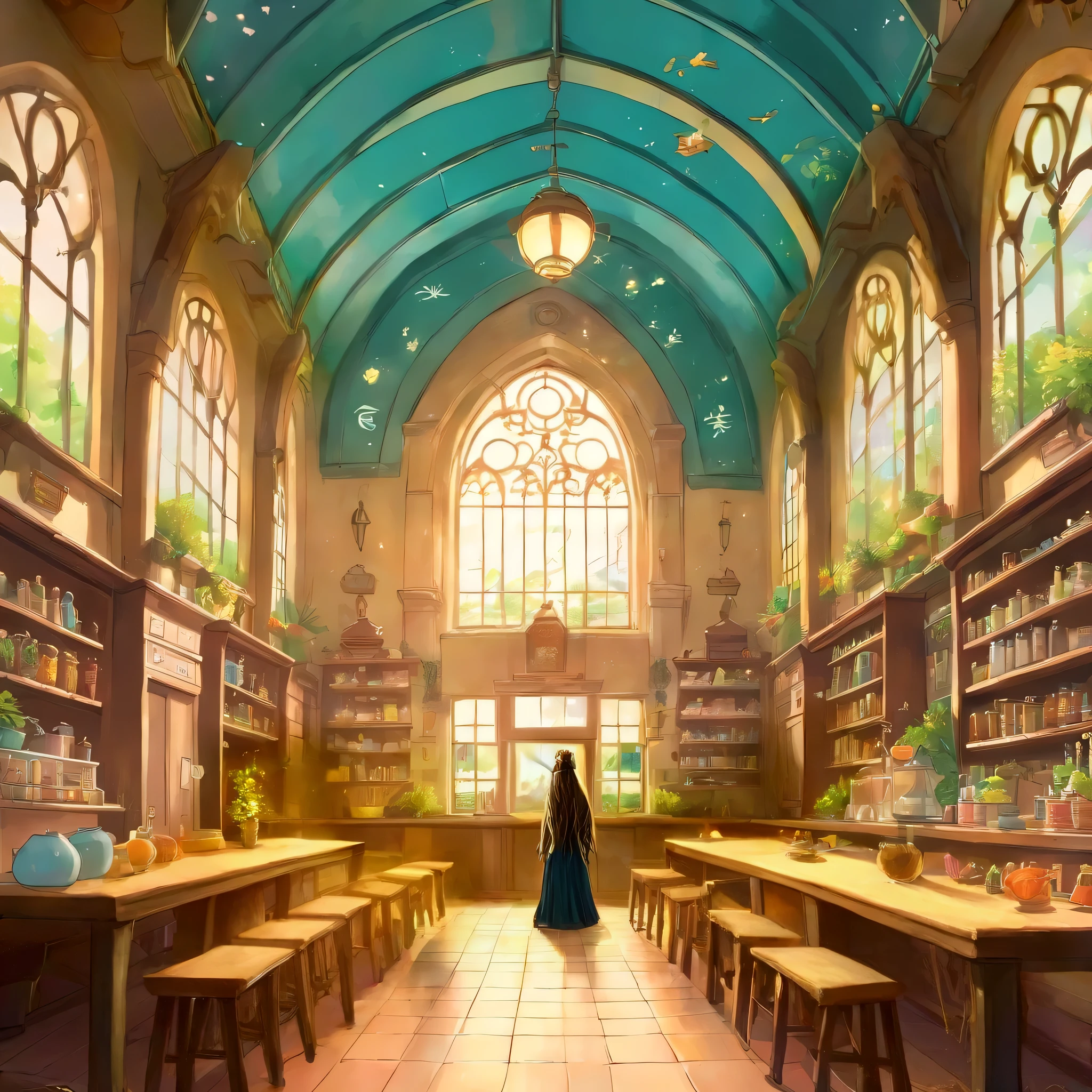 delete left person, there was only one woman with long hair and one man, add parts above with plants, add magic potions