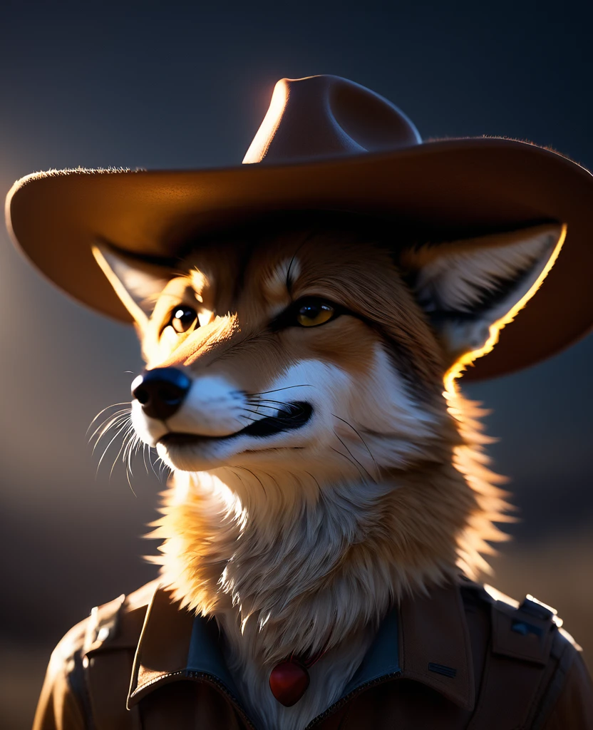 (coyote with cowboy hat), [backwards], coyote head,the second, masterpiece, cinematic light, atmospheric lighting, subsurface dispersion,