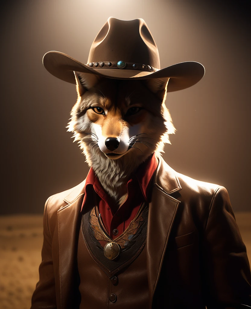 (coyote with cowboy hat), [backwards], coyote head,the second, masterpiece, cinematic light, atmospheric lighting, subsurface dispersion,