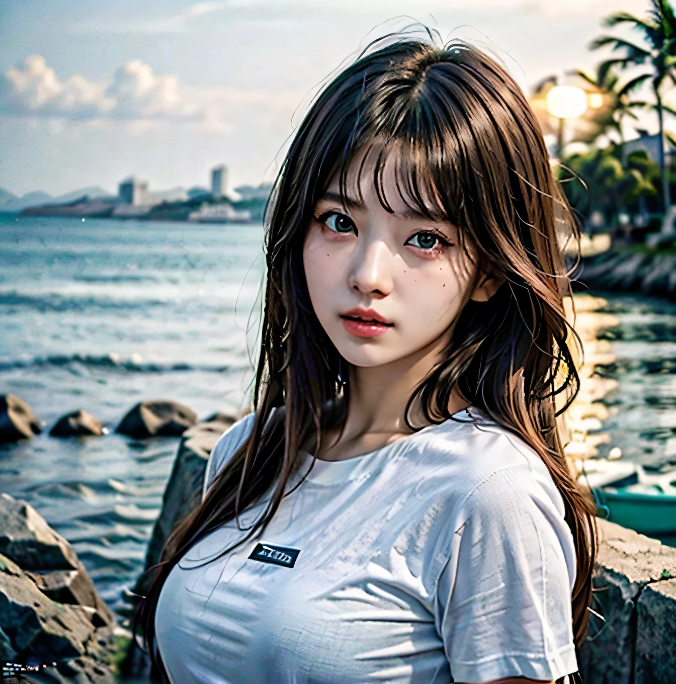 Real photo, (masterpiece:1.2),(Very detailed),(8k:1.1),(Perfect lighting,Highest quality,High resolution,original),(Realistic photos:1.4) ,28 years old、Korean Idols、Long Hair、Brown Hair、Model-like style、One woman、T-Shirts、Solo Snap、Mole under right eye、Korean、Shot by the sea、The standing posture is cool