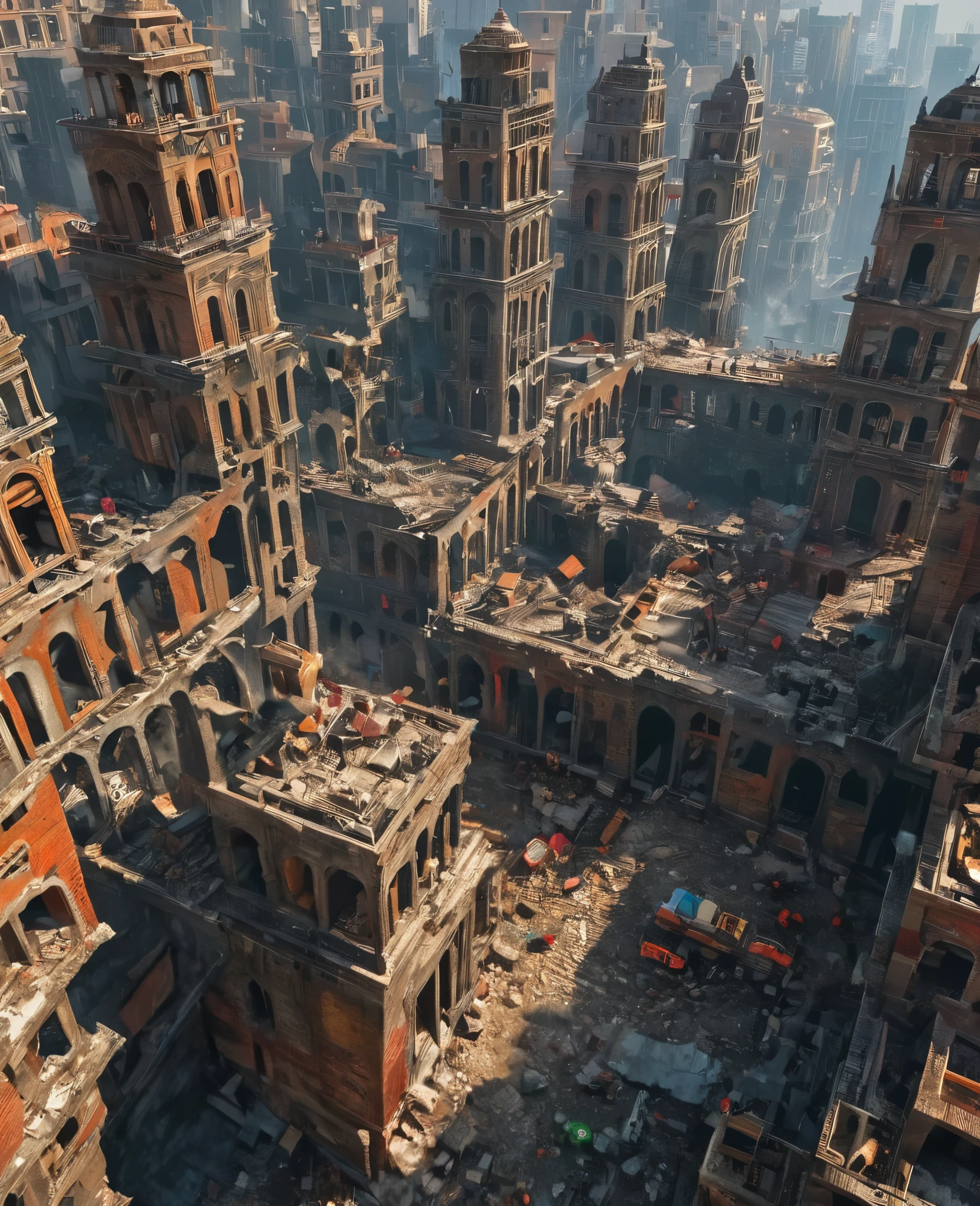 Drone Photography, people rebuild ruined city, high quality images, 4k,