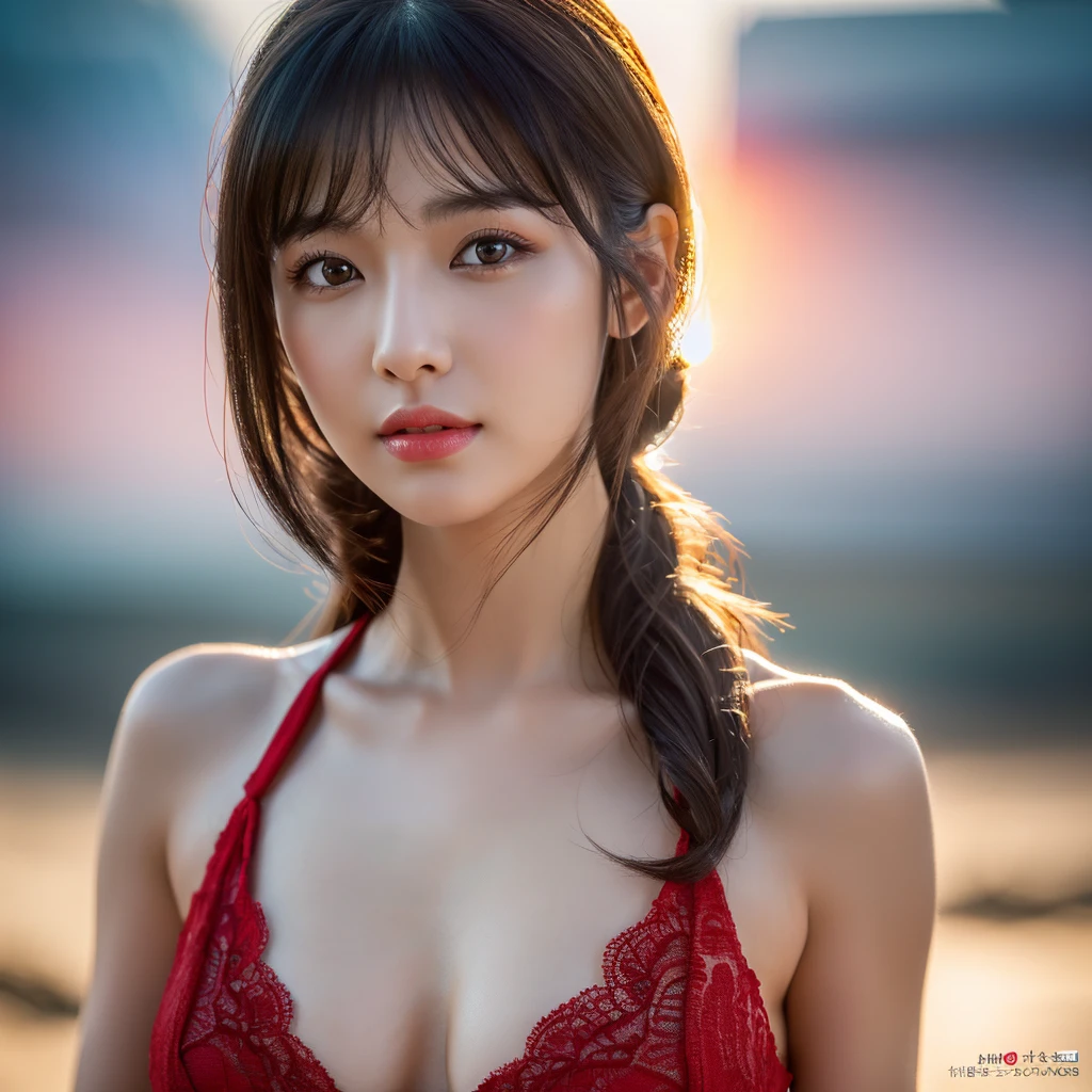 pregnant korean woman on the beach,medium hair black bangs,red wedding dress,beautiful detailed eyes,beautiful detailed lips,extremely detailed eyes and face,long eyelashes,photorealistic,high quality,exquisite detail,natural lighting,warm colors,soft focus,dreamy atmosphere,(best quality,4k,8k,highres,masterpiece:1.2),ultra-detailed,(realistic,photorealistic,photo-realistic:1.37),HDR,UHD,studio lighting,ultra-fine painting,sharp focus,physically-based rendering,extreme detail description,professional,vivid colors,bokeh,portrait