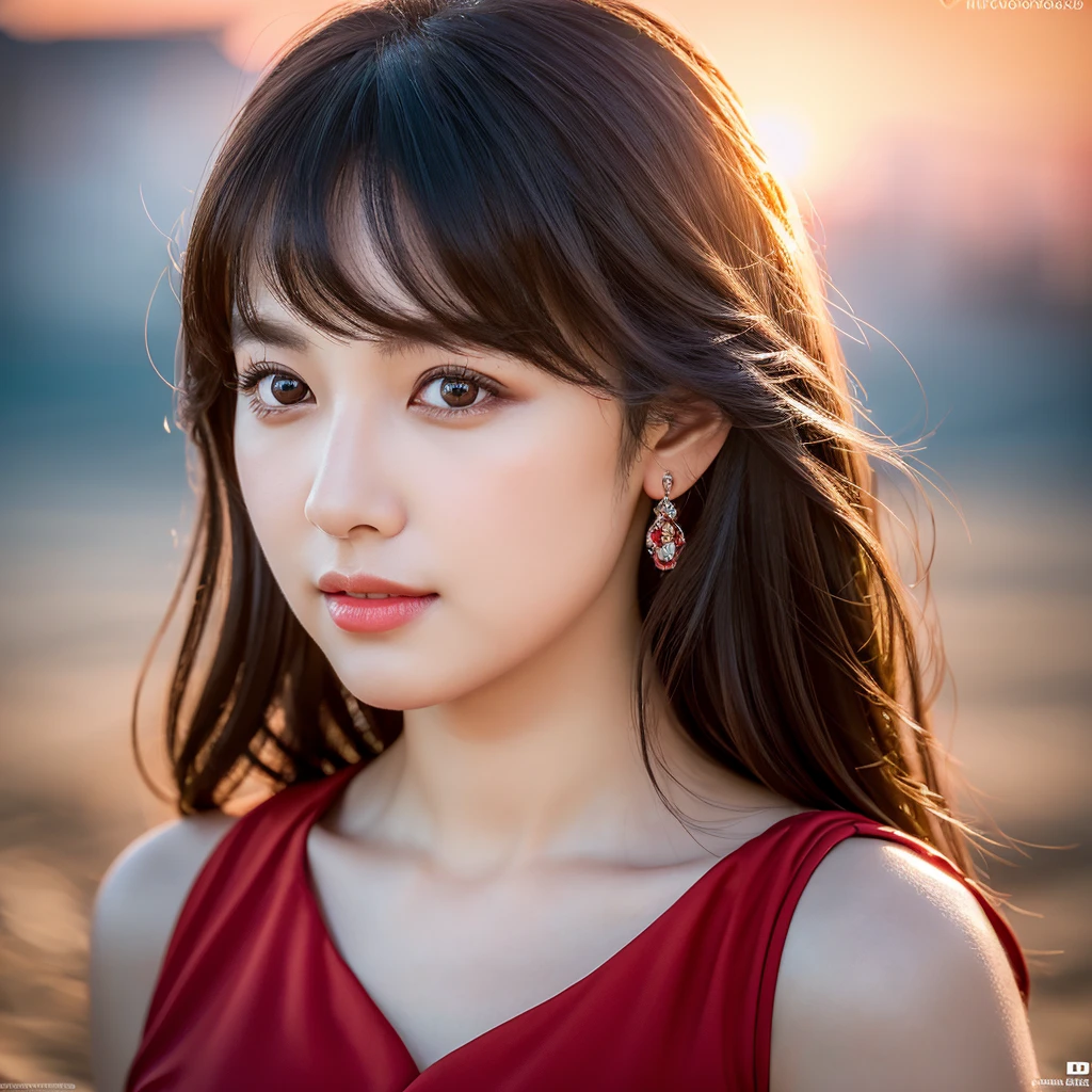 pregnant korean woman on the beach,medium hair black bangs,red wedding dress,beautiful detailed eyes,beautiful detailed lips,extremely detailed eyes and face,long eyelashes,photorealistic,high quality,exquisite detail,natural lighting,warm colors,soft focus,dreamy atmosphere,(best quality,4k,8k,highres,masterpiece:1.2),ultra-detailed,(realistic,photorealistic,photo-realistic:1.37),HDR,UHD,studio lighting,ultra-fine painting,sharp focus,physically-based rendering,extreme detail description,professional,vivid colors,bokeh,portrait