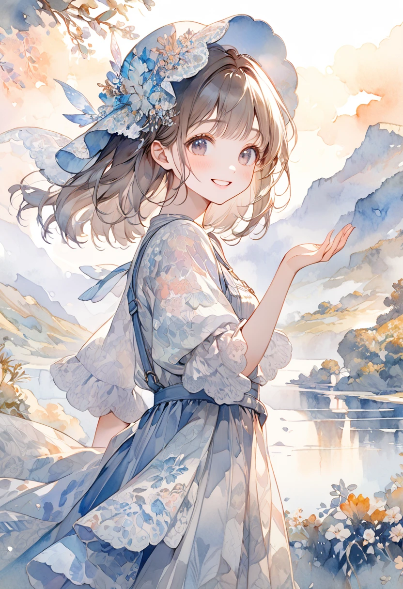 artwork of a young girl with a beautifully radiant smile, posing with her left hand up towards the sky as if reaching for her dreams. Her face should convey a sense of wonder and optimism, with delicate features and intricate details. The background should be a soft, (((dreamy watercolor-style landscape))), (((reminiscent of a famous watercolor artist's masterpiece))). The overall aesthetic should be ultra-detailed, with textured fabrics, subtle shading, and intricate patterns, 
