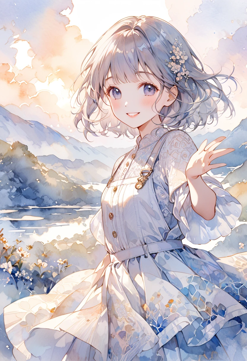 artwork of a young girl with a beautifully radiant smile, posing with her left hand up towards the sky as if reaching for her dreams. Her face should convey a sense of wonder and optimism, with delicate features and intricate details. The background should be a soft, (((dreamy watercolor-style landscape))), (((reminiscent of a famous watercolor artist's masterpiece))). The overall aesthetic should be ultra-detailed, with textured fabrics, subtle shading, and intricate patterns, 
