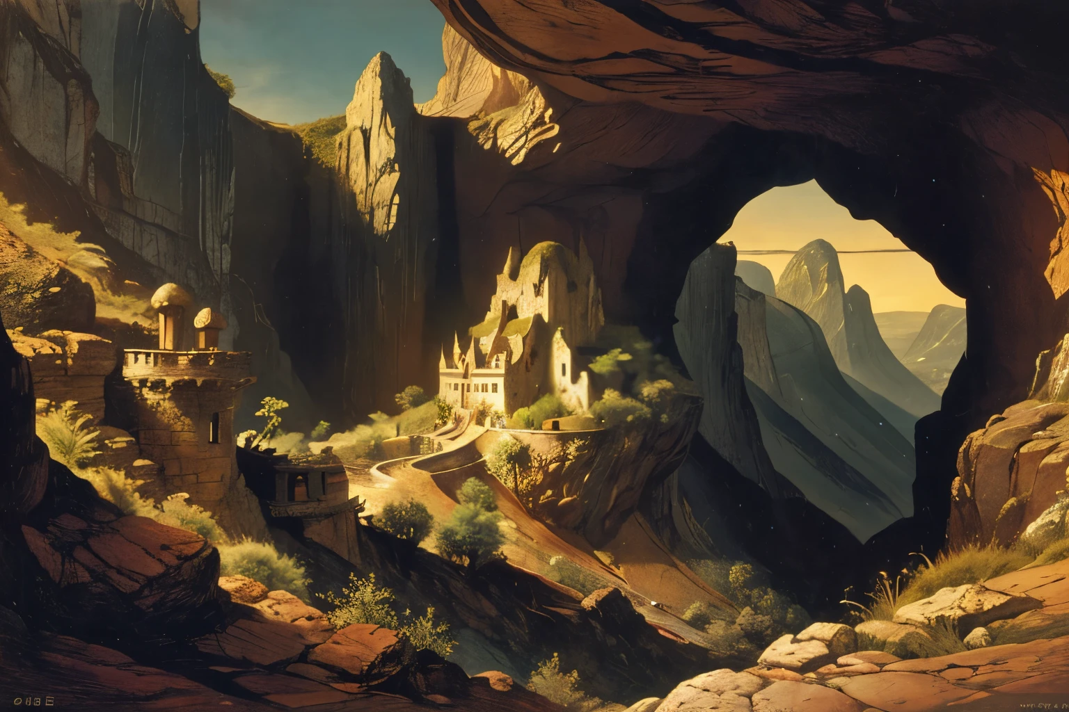 a fantasy castle in a narrow gorge surrounded by mountain