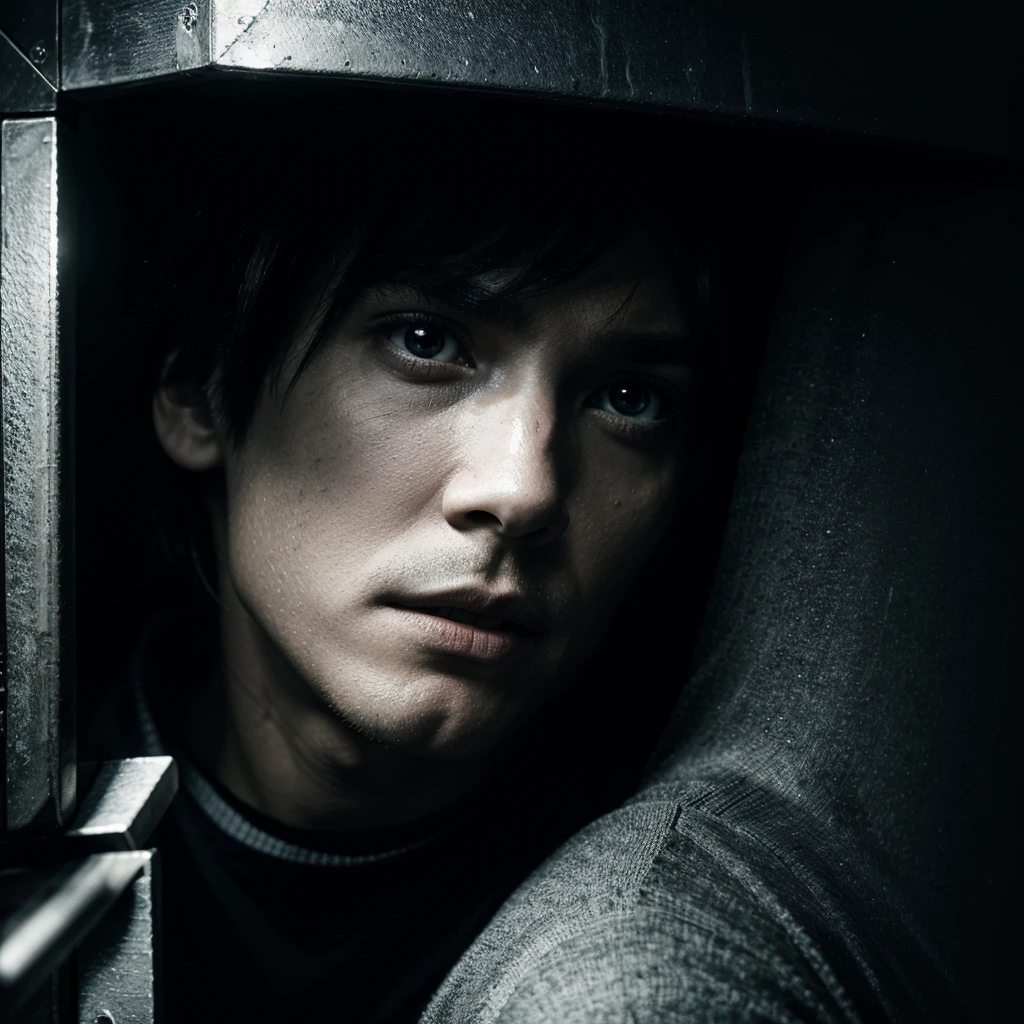 man protagonist is seen feeling trapped and overwhelmed wearing black with white background 