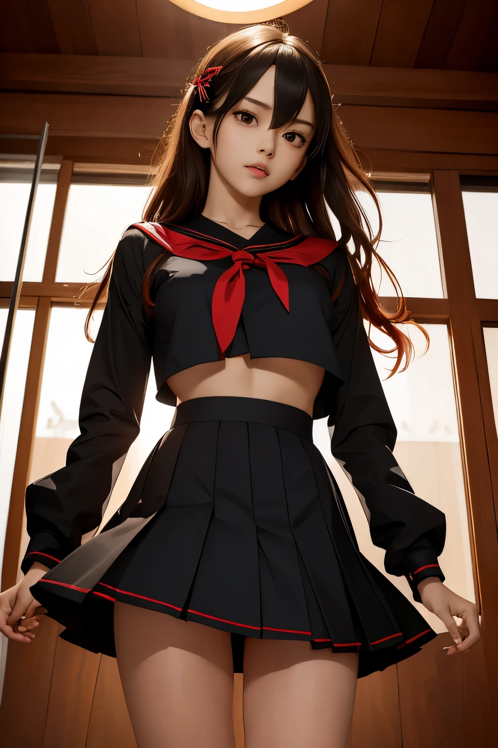 beautiful, masterpiece, best quality, extremely detailed face, perfect lighting,1girl, solo, matoi ryuuko, black serafuku, black skirt, red hair, senketsu, torn clothes, underboob