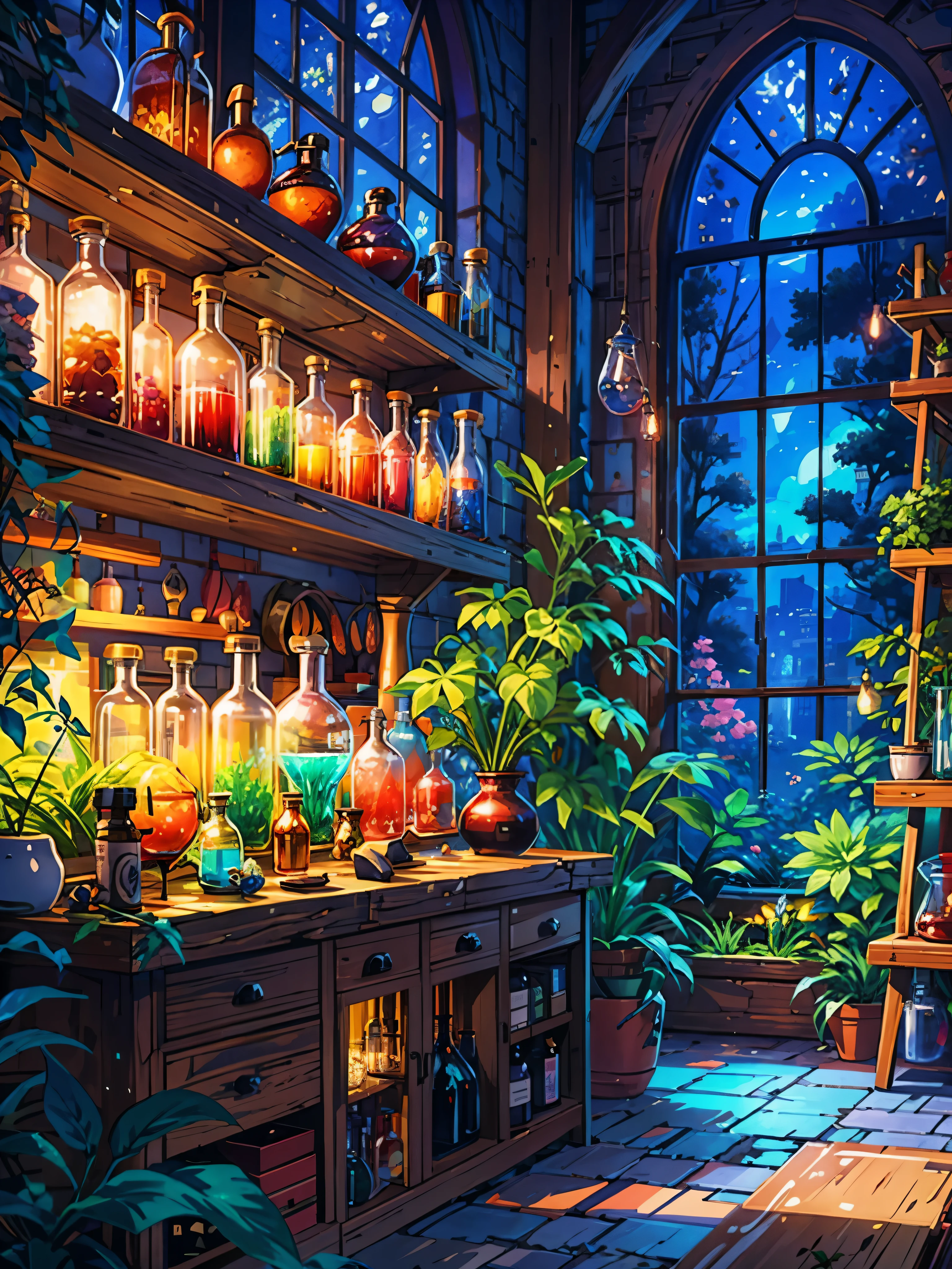 a room filled with many bottles and plants, fantasy laboratory de alquimistaoratorio, magic fondo de laboratory, laboratory background, magic laboratory setting, mysterious laboratory, fondo de laboratory, alchemy laboratory, plants in scientific glassware, laboratory de alquimista, laboratory secreto, laboratory, lab, laboratory de ciencia, alchemist library background, magical botanical, smoky laboratory, Studio Ghibli Environment, anime nature wallpaper