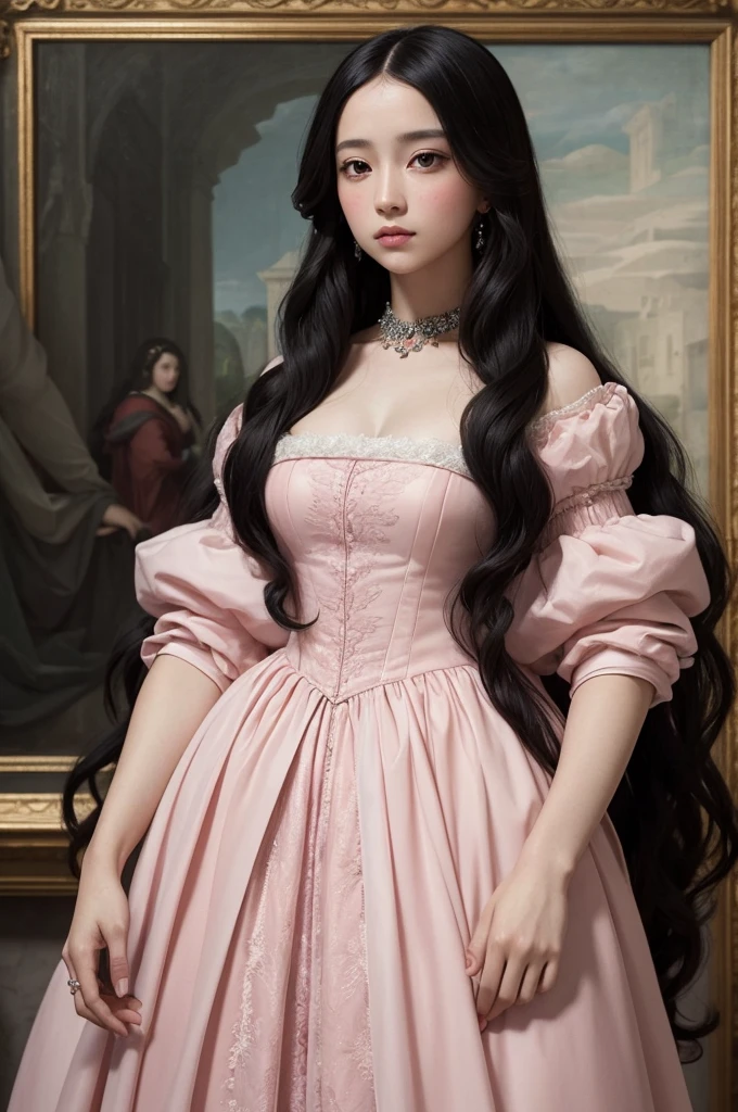 A Renaissance painting of a woman who is a princess with a pastel pink dress and her racial color is black and with long black wavy hair and black eyes too.