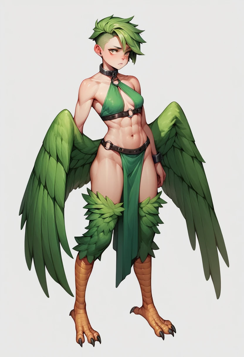 clean art, sharply focused, High quality,one woman, Harpy, green hair, short hair, wolf cut hair, textured skin, slave clothes, feathered wings, full body, feather bird tail, white background