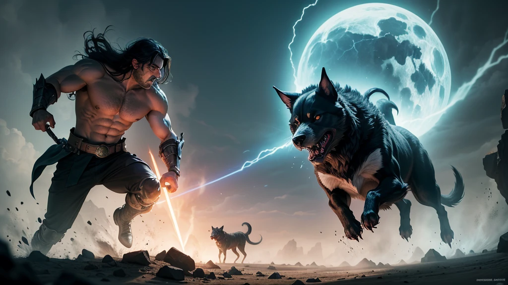 "The final creature, a shadow hound, snarls and paces back and forth, its eyes glowing a menacing red. The hound's body is covered in dark, ethereal fur that seems to absorb light. It lunges at the hero with incredible speed, its jaws snapping inches from his face. The hero dodges, swinging his sword in a wide arc to keep the beast at bay. The hound's agility makes it a formidable opponent, darting around the hero in a blur of motion. The hero waits for the right moment, then suddenly strikes the ground with his sword, sending a shockwave of holy energy through the earth. The hound is caught off guard, knocked off balance by the force. The hero takes his chance, driving his blade into the hound's side. The creature yelps, its form beginning to dissolve. With one final, desperate leap, the hound attempts to attack again, but the hero meets it with a swift, decisive strike, ending the battle. The shadow hound fades into the darkness, leaving the hero standing victorious but wary, knowing that greater challenges lie ahead."