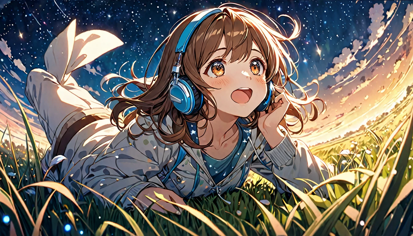 Brown-haired girl wearing headphones、Starry Sky Study - Highly Detailed、masterpiece, Highest quality, Bright - Starry background、Calm expression、Casual clothing、Looking up at the stars in the grassland (Detailed fingers), (Emotional), (Breathtakingly beautiful), (main part:1.2 Whole body), (Anime Style), (Very detailed), (超High resolution, High resolution), (8k), (Complex and beautiful: 1.2)