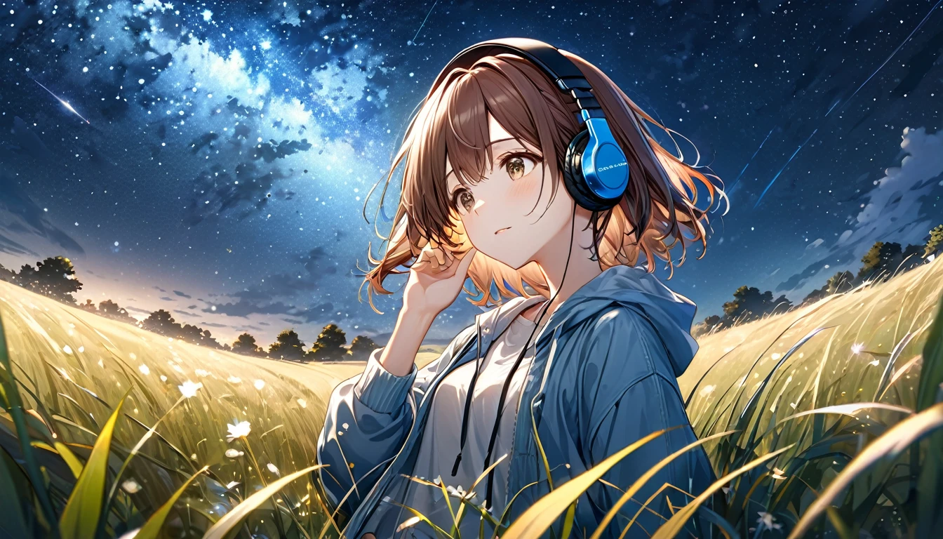 Brown-haired girl wearing headphones、Starry Sky Study - Highly Detailed、masterpiece, Highest quality, Bright - Starry background、Calm expression、Casual clothing、Looking up at the stars in the grassland (Detailed fingers), (Emotional), (Breathtakingly beautiful), (main part:1.2 Whole body), (Anime Style), (Very detailed), (超High resolution, High resolution), (8k), (Complex and beautiful: 1.2) 