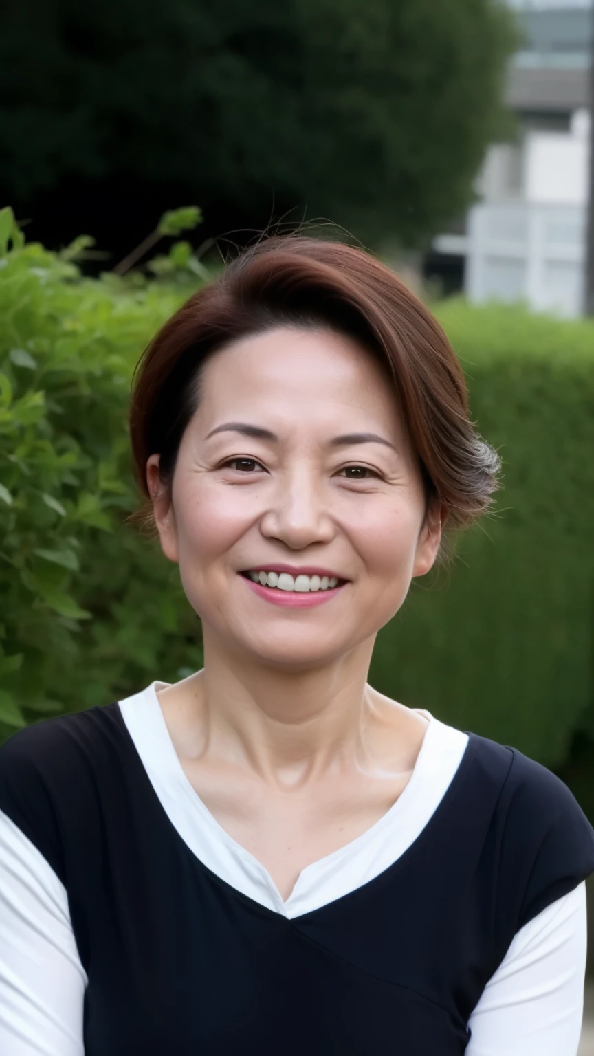 sitting on a park bench, Wrinkles around the eyes, Smiling with teeth showing, Plain short-sleeved clothing, senior citizen, Draw lips correctly, Red lipstick, No discomfort, 16K, Highest quality, Very detailed, Realistic, Very detailed肌, Japanese, alone, 60 years old, Large Breasts, , Glamour, sexy, , Staring straight ahead,