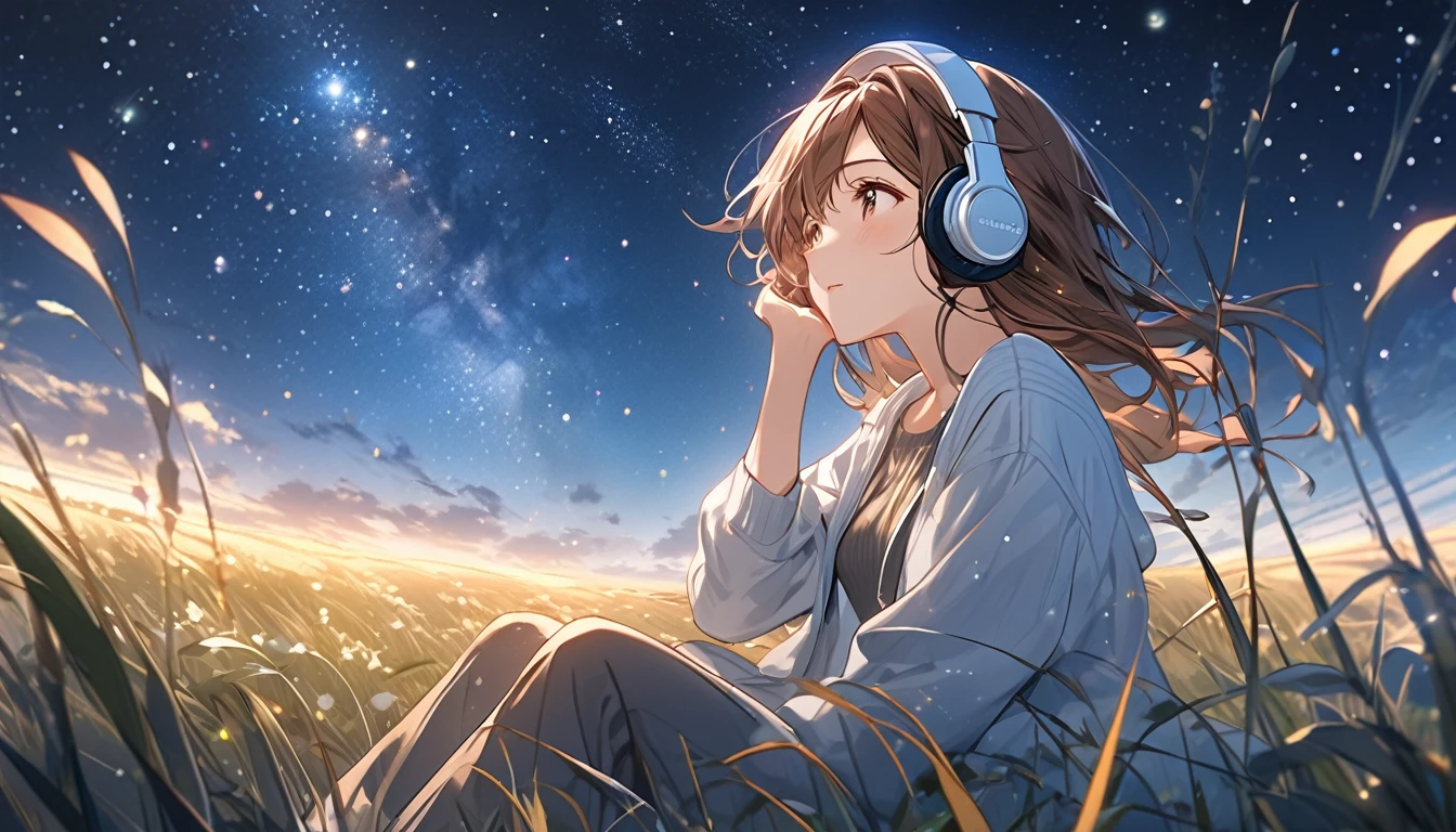 Brown-haired girl wearing headphones、Starry Sky Study - Highly Detailed、masterpiece, Highest quality, Bright - Starry background、Calm expression、Casual clothing、Looking up at the stars in the grassland (Detailed fingers), (Emotional), (Breathtakingly beautiful), (main part:1.2 Whole body), (Anime Style), (Very detailed), (超High resolution, High resolution), (8k), (Complex and beautiful: 1.2)