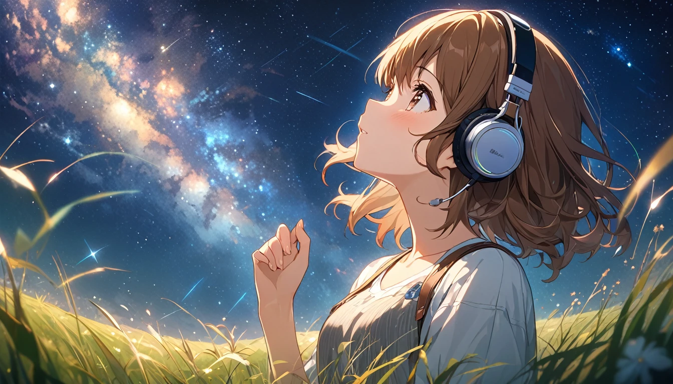 Brown-haired girl wearing headphones、Starry Sky Study - Highly Detailed、masterpiece, Highest quality, Bright - Starry background、Calm expression、Casual clothing、Looking up at the stars in the grassland (Detailed fingers), (Emotional), (Breathtakingly beautiful), (main part:1.2 Whole body), (Anime Style), (Very detailed), (超High resolution, High resolution), (8k), (Complex and beautiful: 1.2)