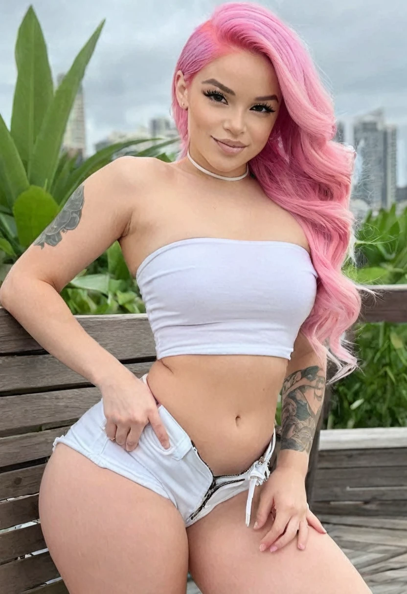 ((high quality:1.2)), (8k), extremely detailed, ((High detail:1.2)), ((best resolution:1.4)), (Elsa Jean with pink hair), Solo, ((24 years old brazilian female:1.45)), ((cropped strapless, mini-shorts)), (perfect hot body, thick thighs), (standing),