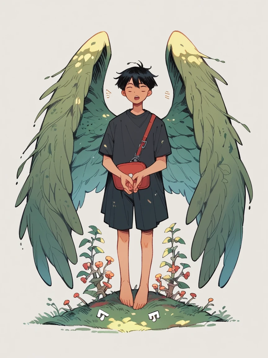punctuation_9, punctuation_8_High above, punctuation_7_High above, punctuation_6_High above, 1 young boy, Bblack hair, wings,   boyfriend, tree branch in hands, going, singing, playing 