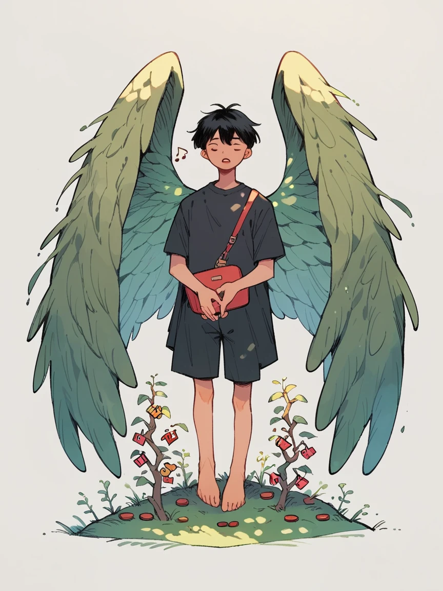 punctuation_9, punctuation_8_High above, punctuation_7_High above, punctuation_6_High above, 1 young boy, Bblack hair, wings,   boyfriend, tree branch in hands, going, singing, playing 
