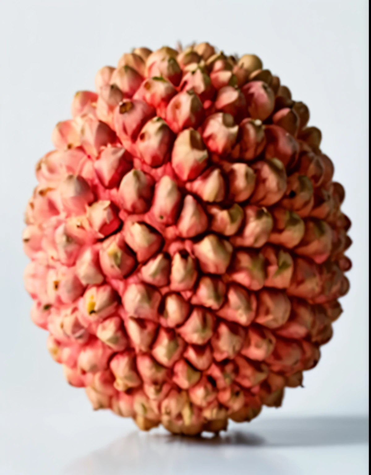 A ripe lychee fruit, with its outer skin well defined, rough and matte. White background.