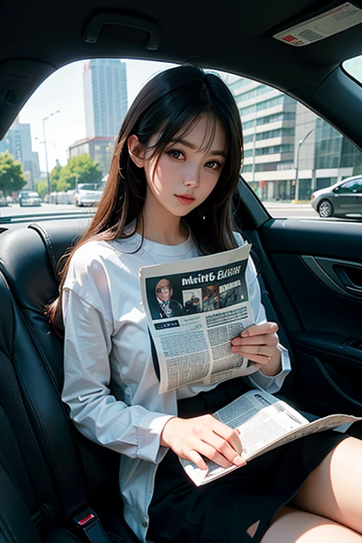 1girl, high quality face, a woman sitting on the ground reading a newspaper while, car in the background, Artgerm, a manga drawing, computer art, high quality, masterpiece, 8k