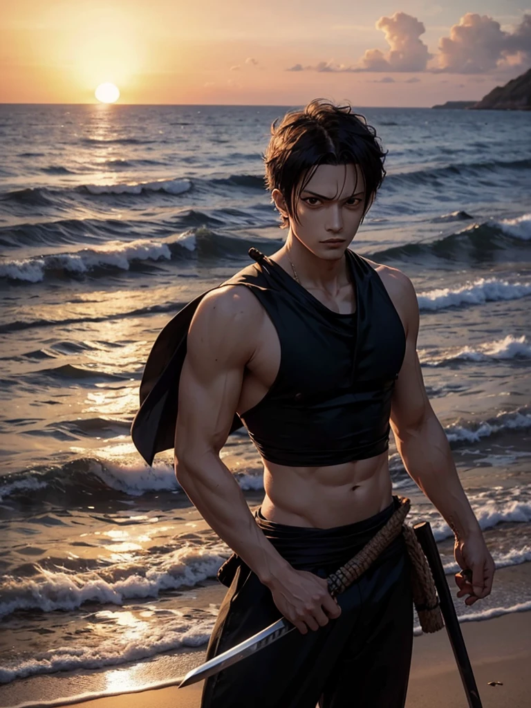 Zoro one piece, looking at the sea with 3 swords around him, sunset
