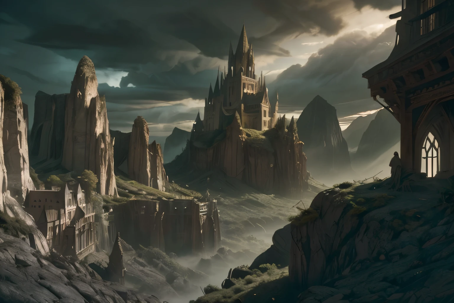 a fantasy castle in a narrow gorge surrounded by mountain, detailed castle architecture, towering spires, medieval style, lush vegetation, mysterious atmosphere, dramatic lighting, cinematic composition, epic scale, highly detailed, 8k, photorealistic, dramatic shadows, glowing windows, moody skies, intricate stonework, weathered textures