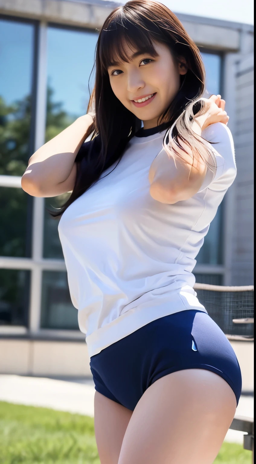 alone、high school girl、White skin、Natural Makeup、Black Hair、bangs、Straight Long Hair、(((White short-sleeved T-shirt on the upper body)))、(((Long white gym clothes)))、(((Very tight bloomers)))、(((Mid rise bloomers)))、(((Navy Bloomers)))、(((Tuck the bottom of your gym clothes into your bloomers)))、((Big Breasts))、Big Ass、(((Schoolyard)))、(((Realistic fingers)))、(((Realistic style)))、((Perfect figure))、(((upright)))