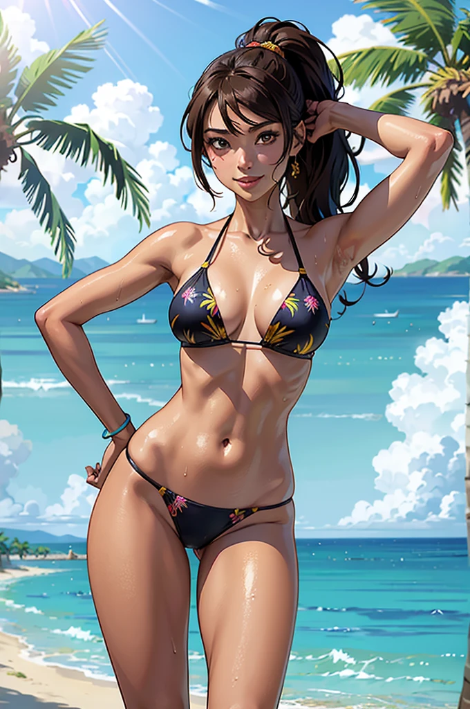 ((highest quality, masterpiece, High resolution)), ((reality)),Photos of beautiful Japanese women,((anime art))、 (((1 girl))), normal size breasts, slim body shape, long ponytail,double eyelid, Wet see-through micro bikini, A pareo with bold ethnic patterns and plenty of primary colors、(Brown skin:1.4),realistic skin、Wet,whole body,cinematic light、tropical、Against the background of palm trees on both sides、on a sunny beach、With the sea in the background、blur background、smile