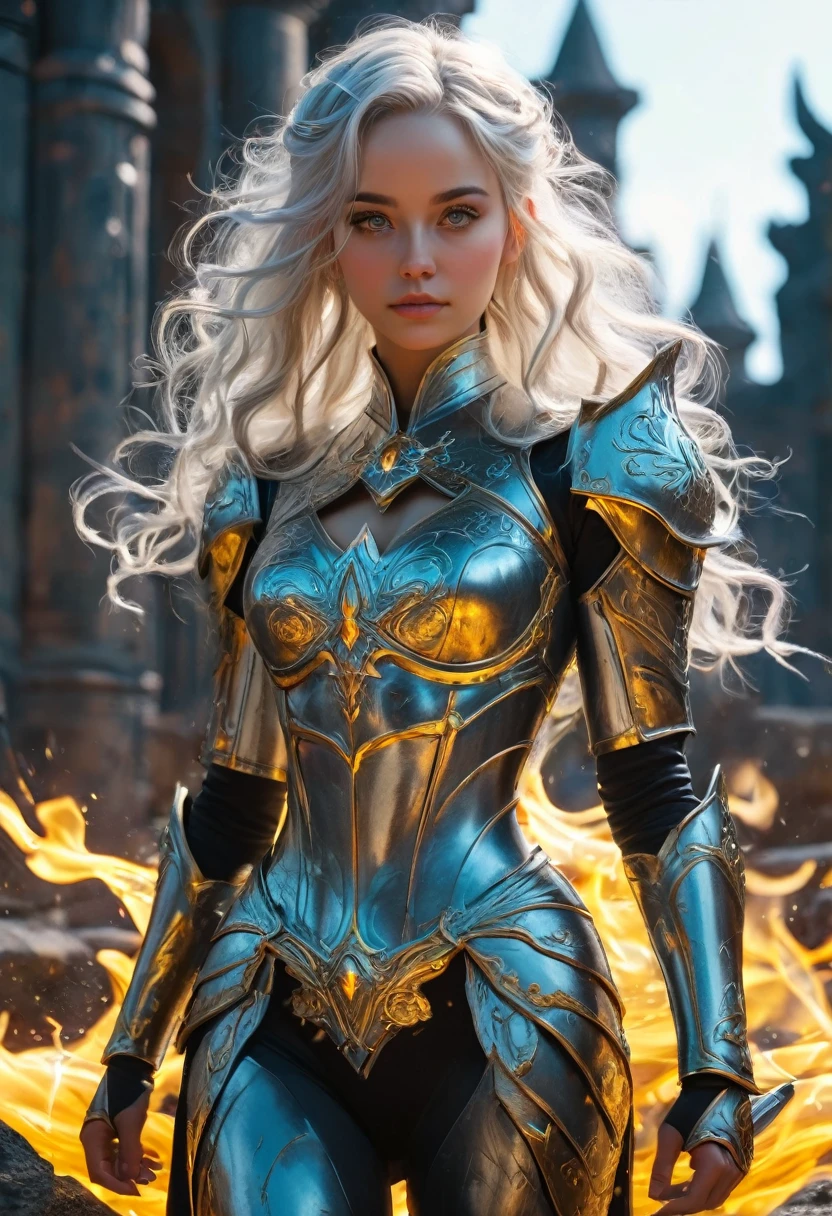  (Highest quality real texture skin., a realistic representation of pores and wrinkles), (Full body standing image of a beautiful woman.: 1.8), (Best Quality,4k,8k,High resolution,masterpiece:1.2),ultra detailed,(realist,photorealist,photo-realist:1.37),(Numerous award-winning masterpieces, incredibly detailed and textured, maximum resolution and clarity), (Hyper-realist:1.4), (realist:1.3), (Focus on upper body: 0.3),(True circular eyes with intricate attention to detail., captivating depth and iris patterns), (Delicate and beautiful face:1.3), (Against the backdrop of a medieval world), (Wields a black straight sword with an elaborately decorated hilt that emits a mysterious glow., ((look for)), ((look down)), (dramatic pose), Beautiful white hair, beautiful silver hair, beautiful blonde hair, (black coat:1.3), Strong warrior, agile warrior, fancy, (dramatic photos), (dynamic images), (gold eyes:1.5), light effect, dramatic light, (intricate details:1.1), complex background, (greg latkowski:0.8), (teal and orange:0.4), (Swirling flames), (swirling lightning), (Ice and snow swirls:0.7), Ancient ruins covered in plants, Ruins of an ancient castle, Ruins of an ancient castle, abandoned mine, desolate ruins, dilapidated ruins, Ruins with clear puddles, twilight, Sunset, evening, battlefield, bioluminiscencia,