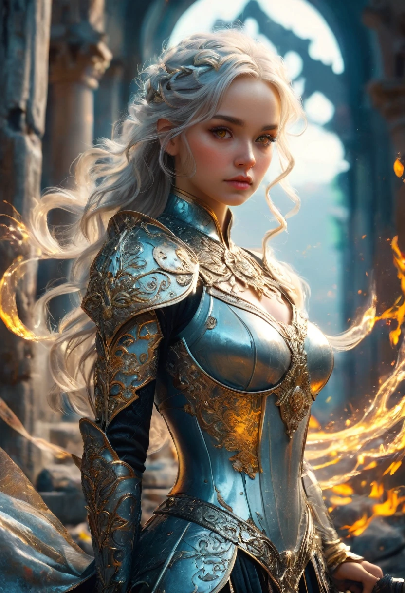  (Highest quality real texture skin., a realistic representation of pores and wrinkles), (Full body standing image of a beautiful woman.: 1.8), (Best Quality,4k,8k,High resolution,masterpiece:1.2),ultra detailed,(realist,photorealist,photo-realist:1.37),(Numerous award-winning masterpieces, incredibly detailed and textured, maximum resolution and clarity), (Hyper-realist:1.4), (realist:1.3), (Focus on upper body: 0.3),(True circular eyes with intricate attention to detail., captivating depth and iris patterns), (Delicate and beautiful face:1.3), (Against the backdrop of a medieval world), (Wields a black straight sword with an elaborately decorated hilt that emits a mysterious glow., ((look for)), ((look down)), (dramatic pose), Beautiful white hair, beautiful silver hair, beautiful blonde hair, (black coat:1.3), Strong warrior, agile warrior, fancy, (dramatic photos), (dynamic images), (gold eyes:1.5), light effect, dramatic light, (intricate details:1.1), complex background, (greg latkowski:0.8), (teal and orange:0.4), (Swirling flames), (swirling lightning), (Ice and snow swirls:0.7), Ancient ruins covered in plants, Ruins of an ancient castle, Ruins of an ancient castle, abandoned mine, desolate ruins, dilapidated ruins, Ruins with clear puddles, twilight, Sunset, evening, battlefield, bioluminiscencia,