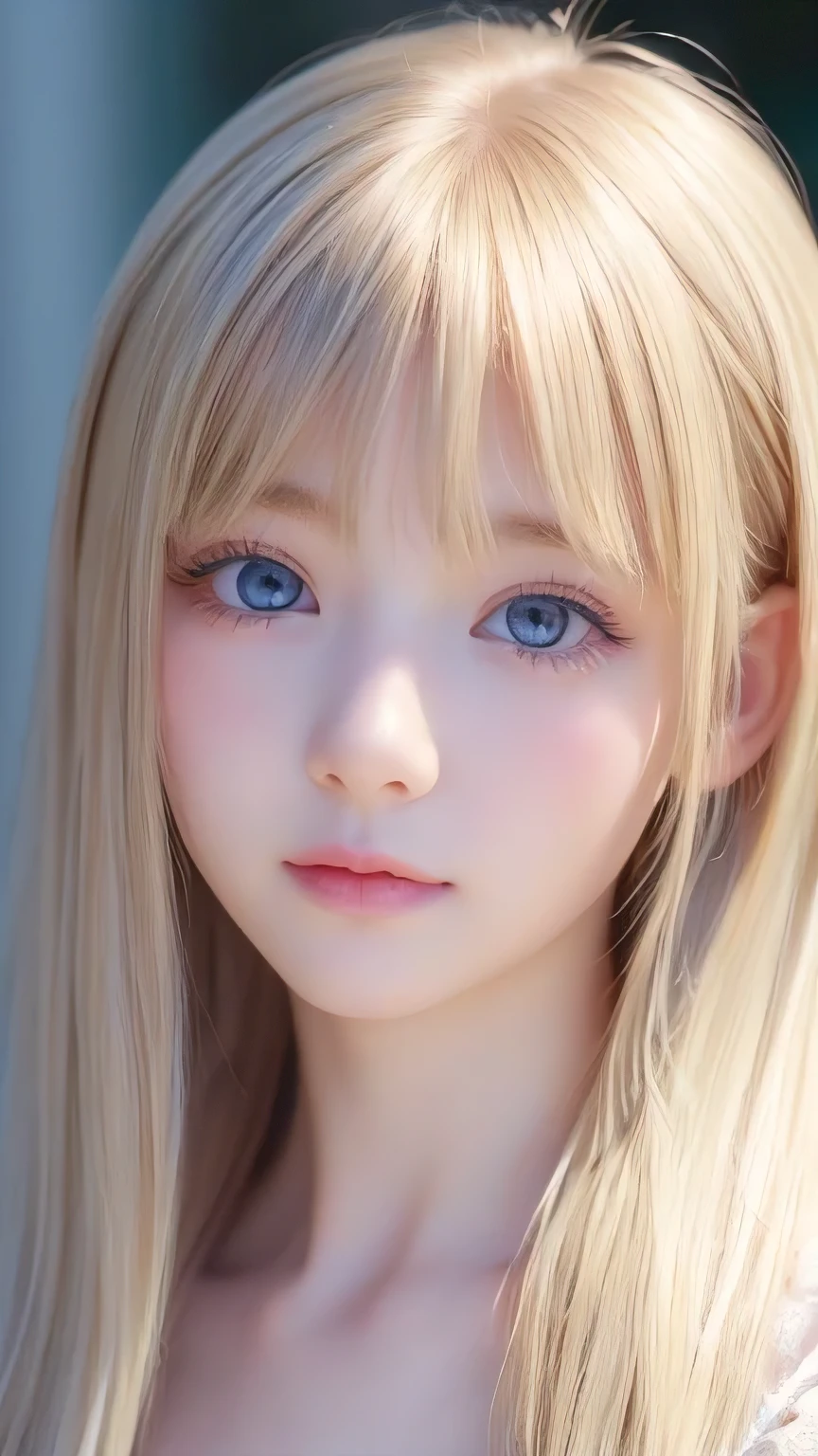 Very beautiful face、Long bangs flowing in front of the face、Beautiful pale light blue eyes hidden by her bangs、Very cute beautiful face and very radiant skin、Bangs between the eyes、snow-white beautiful skin、very beautiful pale light blue eyes,、Beautiful very long straight silky pale golden shiny natural platinum blonde hair、Cute 14 year old blonde beauty、Round face、Such a cute little face、Bright expression、Big eyes and well-defined double eyelids、eyeliner、